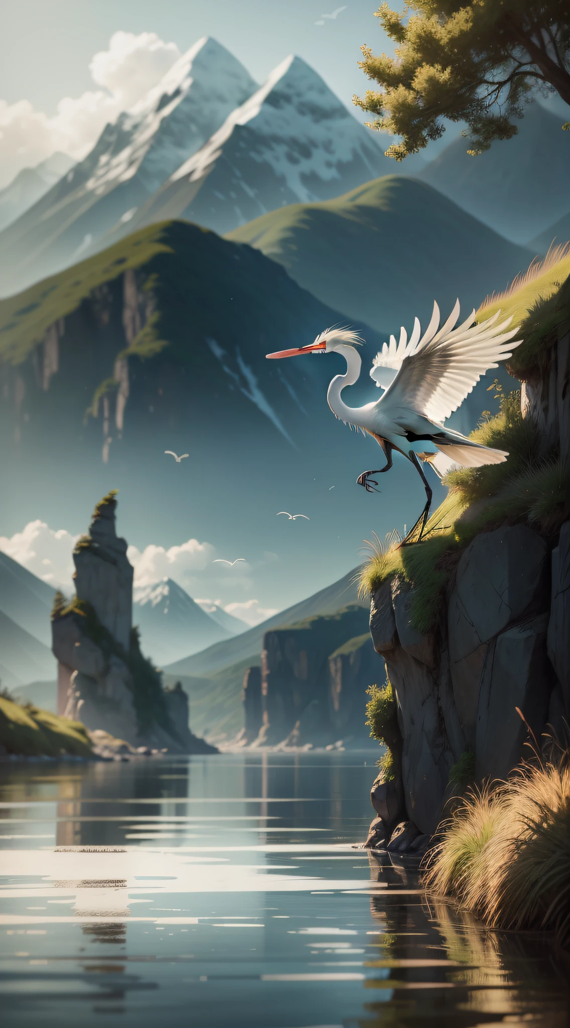 There is an egret flying through the water against a backdrop of mountains, Fish in the mouth, bird flying out of water, Reed grass in the water,The background is the mountain,Eau,high definition detail, wet watermarks,Hyper-detailing, cinematic ligh, ultra-realistic realism, softlighting, Deep field focus bokeh, Ray tracing and surrealism --v6