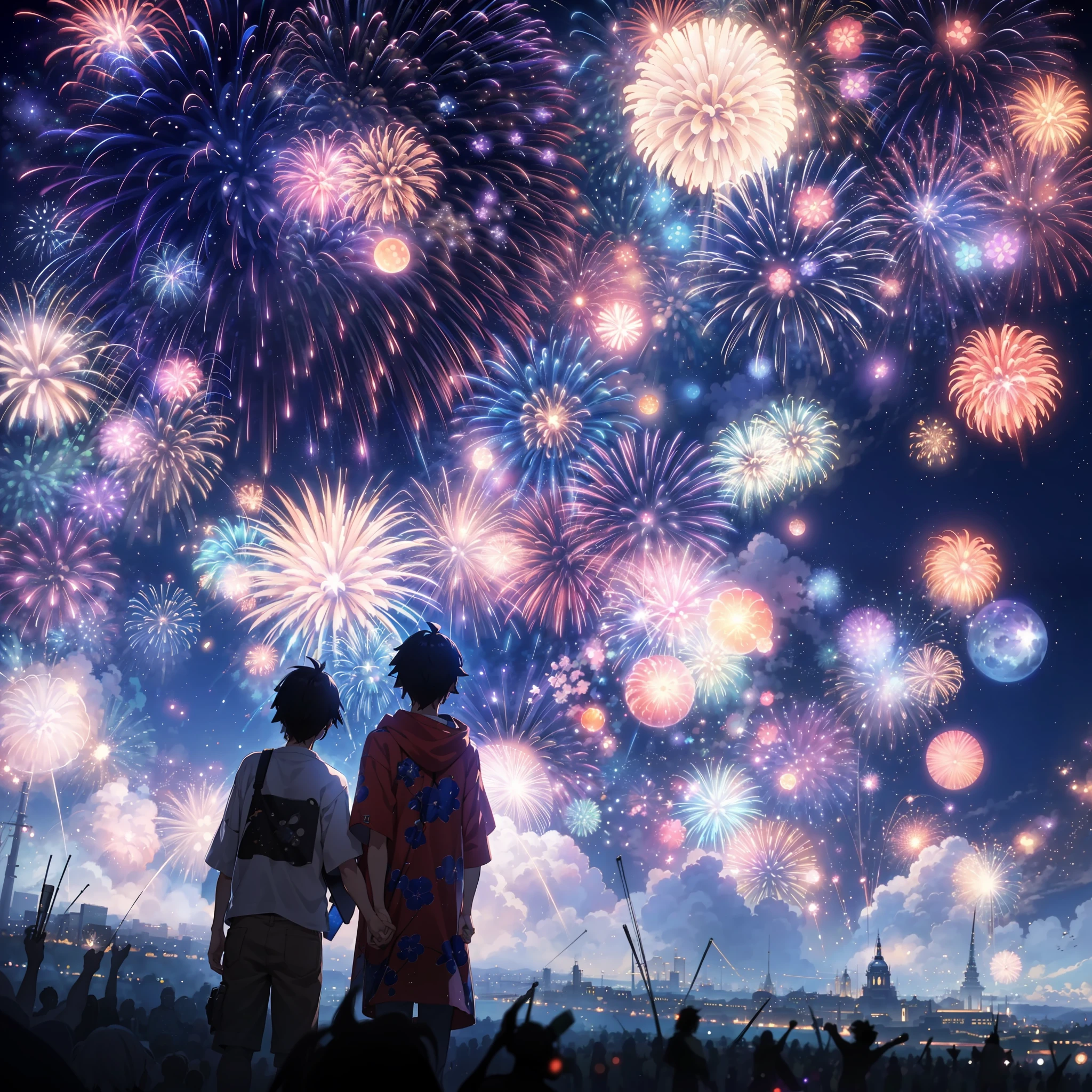 Fireworks are lit in the sky above the two, [ Fireworks in the sky ]!!, Happy!!!, Fireworks, sparklers, Big!!!!!!!!!!!!, ( ( By Shinkai Makoto ) ), Fireworks in the background, yusuke murata and makoto shinkai, anime still film anime shikishi, cosmic sky. by makoto shinkai