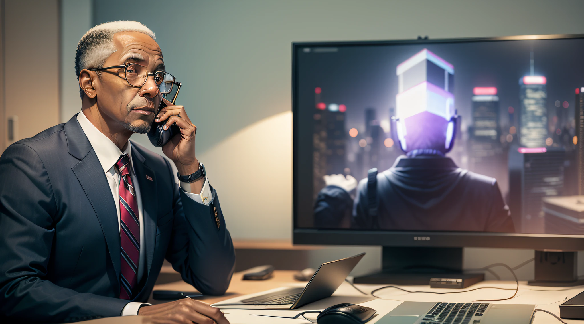 Mr. President in the office,Large monitor screen,talking on phone