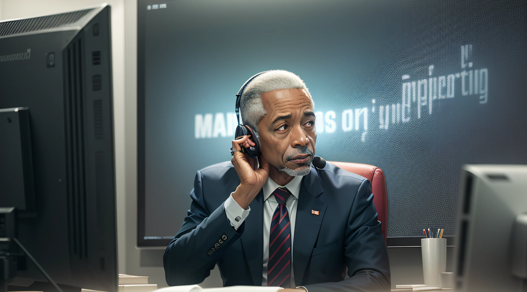 Mr. President in the office,Large monitor screen,talking on phone