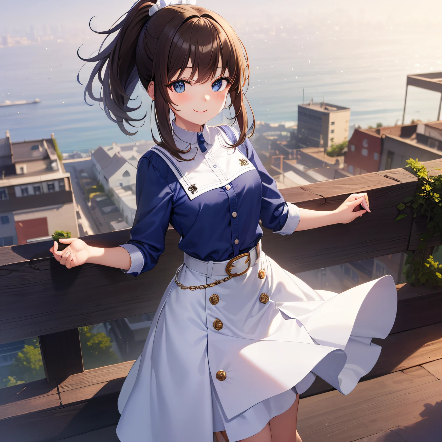 top quality, very delicate and beautiful, girl, s old, (dark brown hair), blue clothes with vertical buttons, belt at the waist, white skirt, (ponytail)), (white hair band), (brown boots), blue eyes, standing, smile,