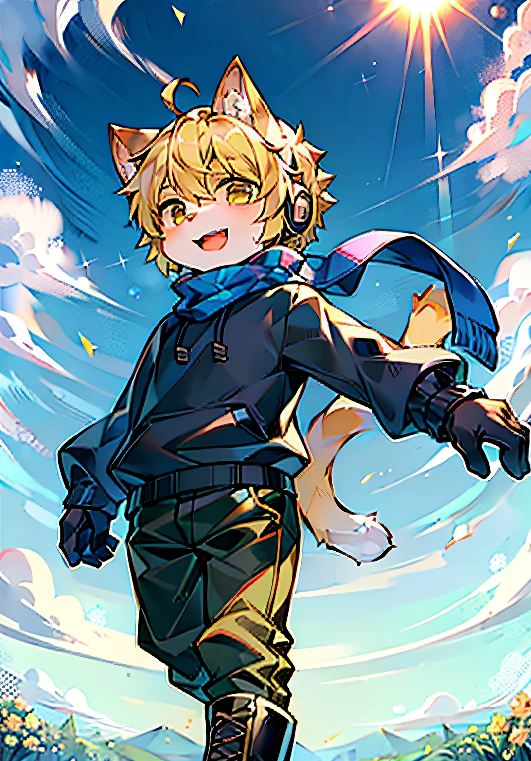 Field garden,A child with short blonde hair wears headphones with ahoge。His lower body has furry cat ears and a smiley face with an open mouth。There are clouds and the sun in the sky,It's a winter sight。The child has no spots,Yellow hair and fur all over the body,There are also cat ears on the ears。He has a big fluffy tail,Wearing a black sweatshirt、black long pants,Wear it with a blue scarf and black boots。This masterpiece is a high-quality portrait,It shows a cute lone child boy,Stand in the wind and shoot,Full lens shots of the whole body。