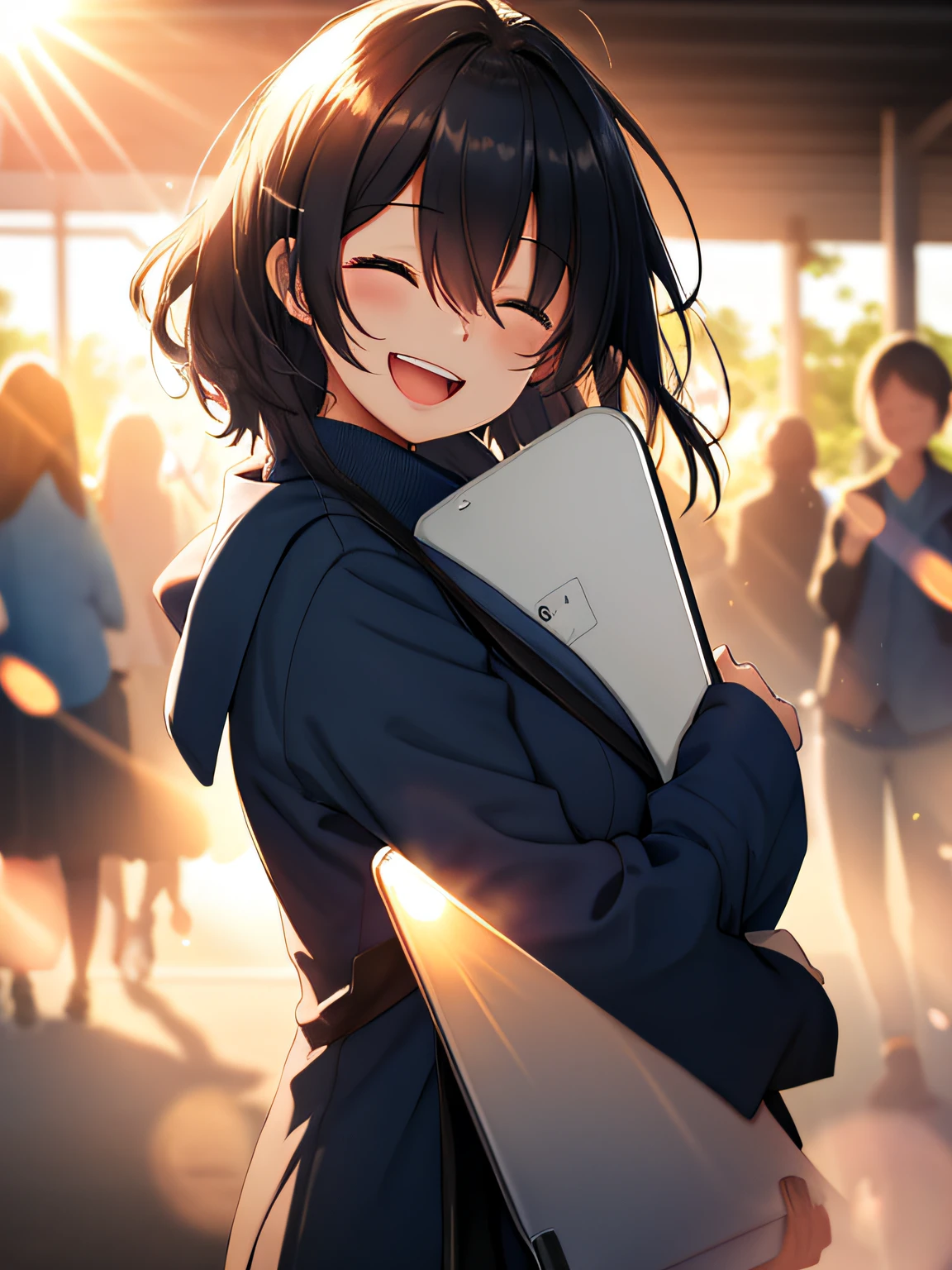 femele、a smile、Dark blue jacket、Holding a laptop in hand、The upper part of the body、(Huge laughter:1.1)、(Opening Mouth:1.1)、closed eye、Sun glare、bokeh dof、depth of fields、blurry backround、Particles of light、heavy wind、(Heart particles:1.1)