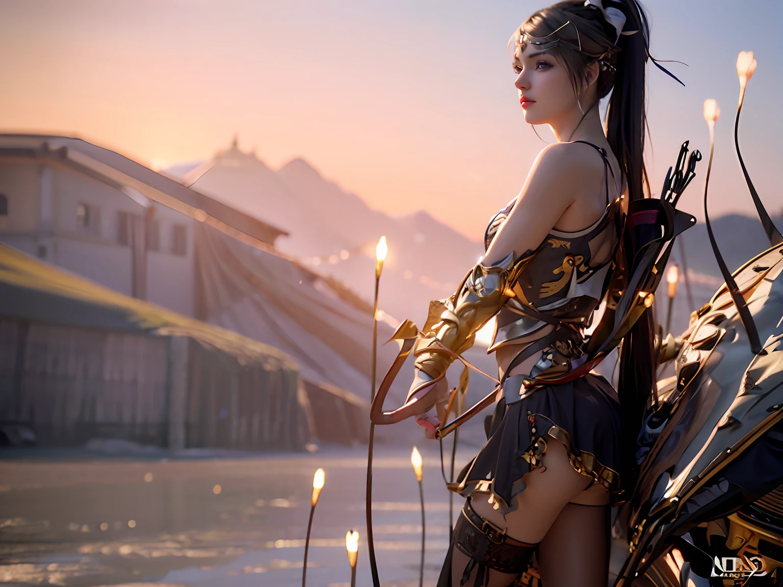 Allard woman with bow and arrow in dress, realistic fantasy rendering, Beautiful digital artwork, 2. 5 D CGI anime fantasy artwork, 3 D character art, Game CG, stuning fantasy 3 d render, digital fantasy art ), fantasia 3 d render, Fantasy Woman, detailed fantasy digital art, beautiful 3d concept art, fantasy digital art，huge boob