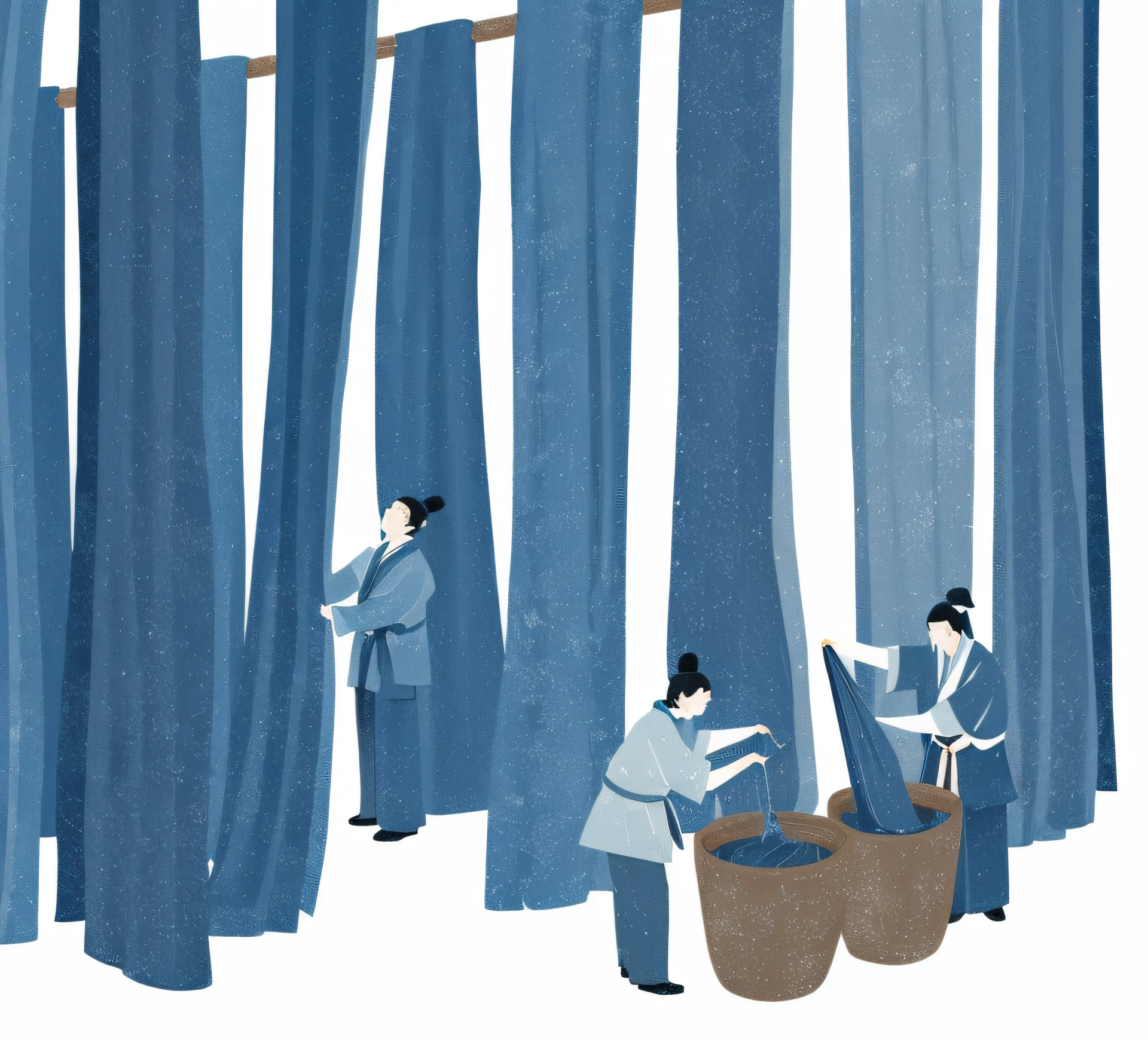 Hanging colored long cloth，flowy，illustratio, There are workers dyeing cloth, editorialillustrations, by Chizuko Yoshida, Official illustration, Blue drapery in winter, inspired by Fei Danxu, Blue robes, illustration”, author：Ethan Tanaka, Indigo Forest in Japan, Digital illustration, author：Masao Maeda, illustration]
