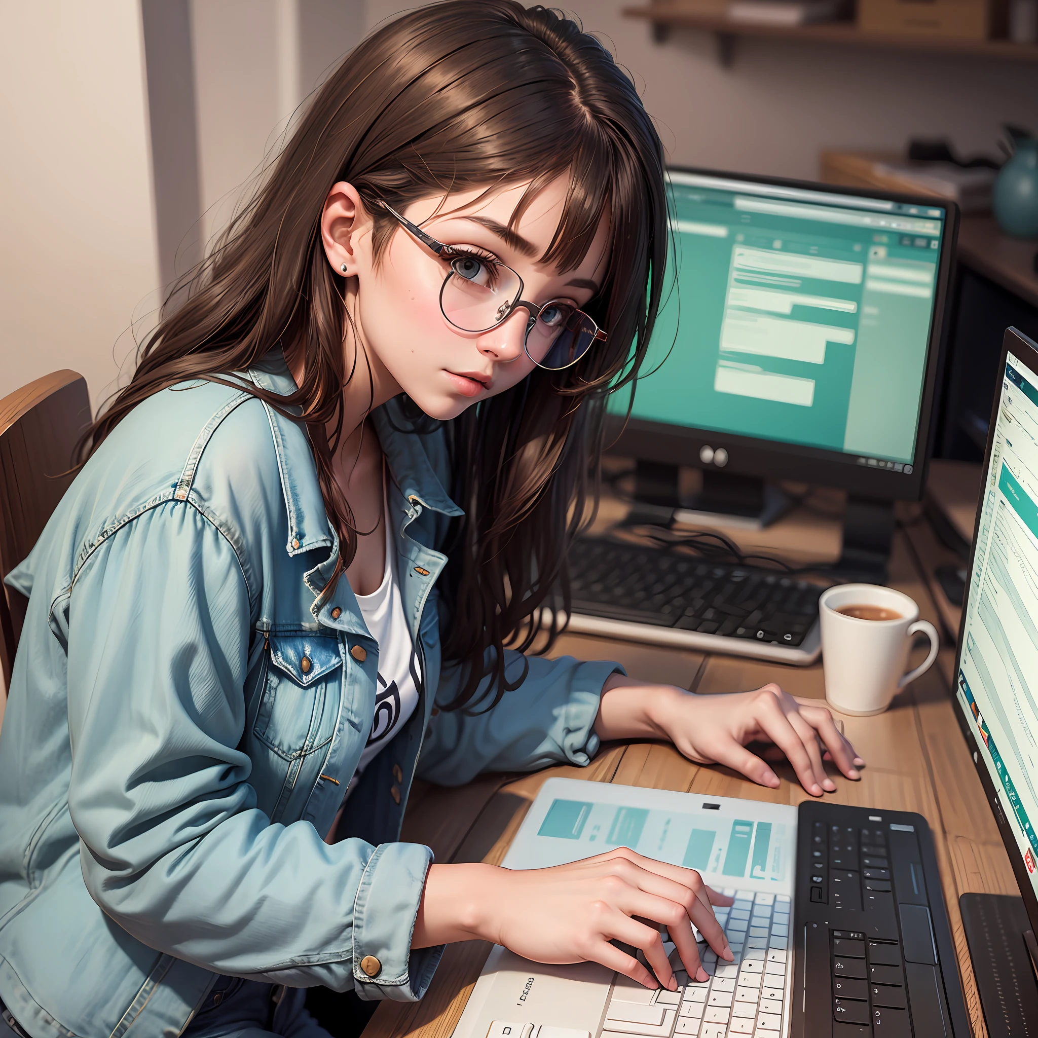 a young woman with brown hair and glasses and dressed in jeans, white T-shirt and denim jacket on the left side, a computer on the computer screen, various codes;.imagen realista --auto --s2