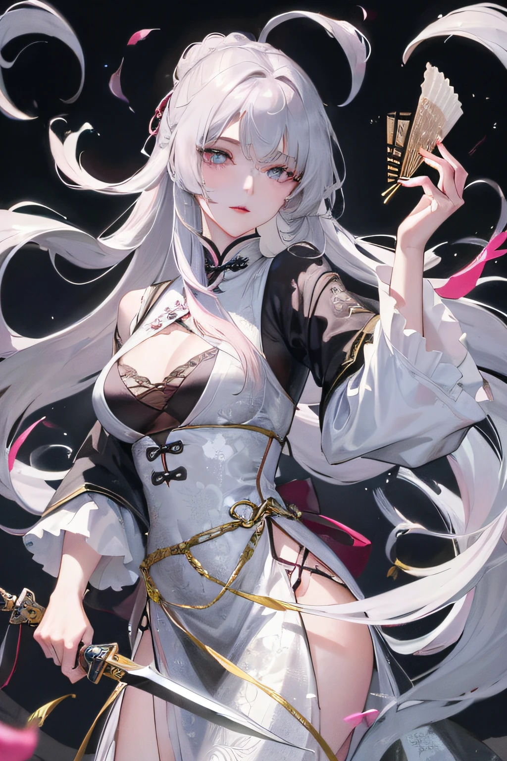 8K, Masterpiece, Best quality, Night, full moon, 1 girl, Chinese style, Chinese architecture, Mature woman, sister, Silver white long haired woman, Long hair, Light pink lips, calm, logical, bangs, Gray pupils, assassins, Fan, Knife fan, petal dancing, Delicate face,