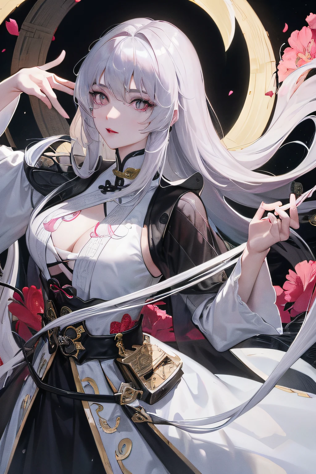 8K, Masterpiece, Best quality, Night, full moon, 1 girl, Chinese style, Chinese architecture, Mature woman, sister, Silver white long haired woman, Long hair, Light pink lips, calm, logical, bangs, Gray pupils, assassins, Fan, Knife fan, petal dancing, Delicate face,