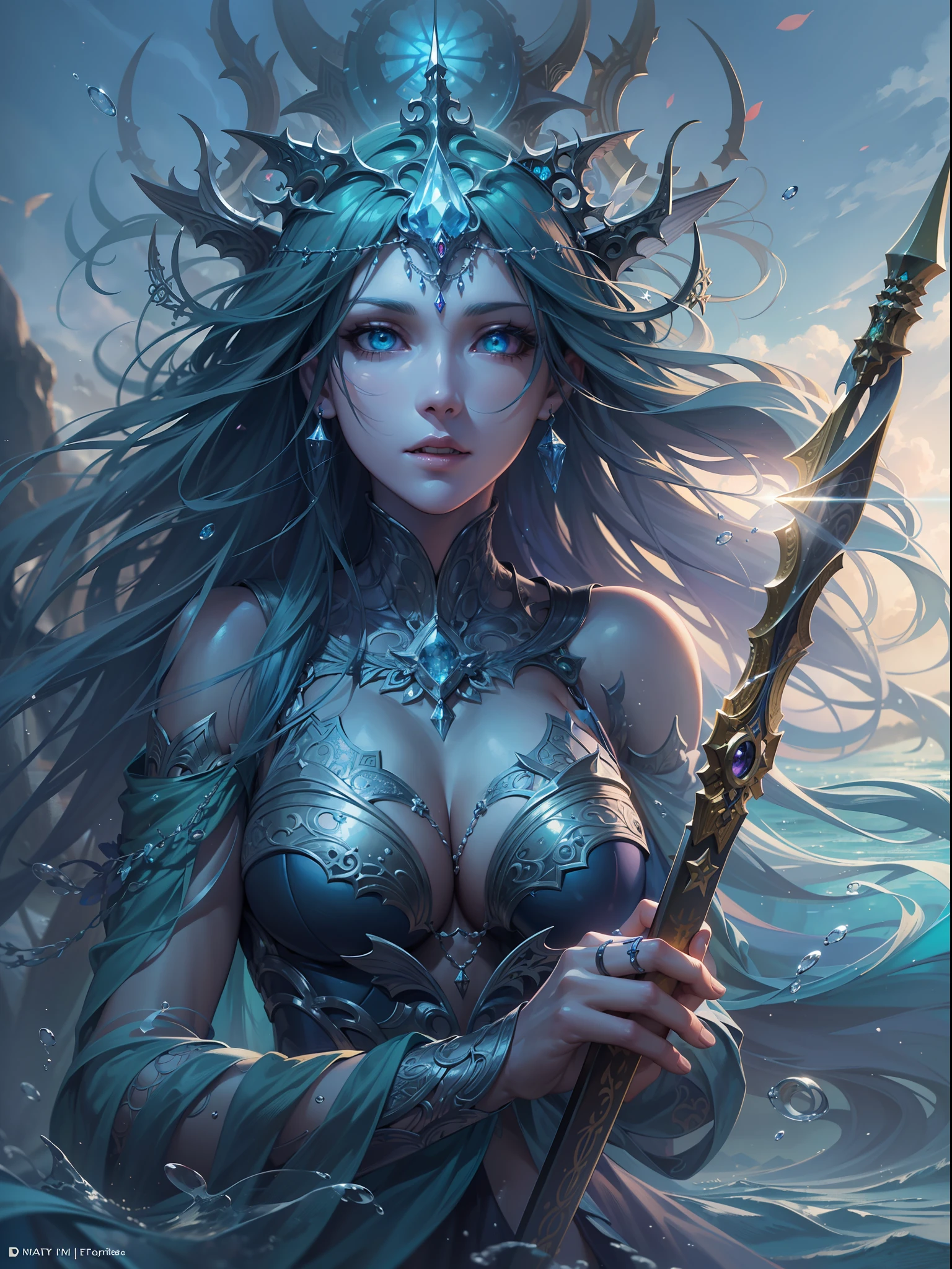 high details, best quality, 8k, [ultra detailed], masterpiece, best quality, (extremely detailed), full body, ultra wide shot, photorealistic, fantasy art, dnd art, rpg art, realistic art, an ultra wide picture of a female human (1.5 intricate details, Masterpiece, best quality) godess of water  ((watery radiant aura)), controlling a swirling streams of watery magic (1.5 intricate details, Masterpiece, best quality), manipulating purple radiant magical symbols, [[divine symbols]] (1.5 intricate details, Masterpiece, best quality), human female, blue  hair, long hair with aura, hair with green radiant eyes, intense eyes, holding a trident, ((radiant eyes)), (( green glowing eyes)), dynamic clothing, fantasy sea background, stresms of sea water,  celestial  background, ((divine worship atmosphere)), high details, best quality, highres, ultra wide angle