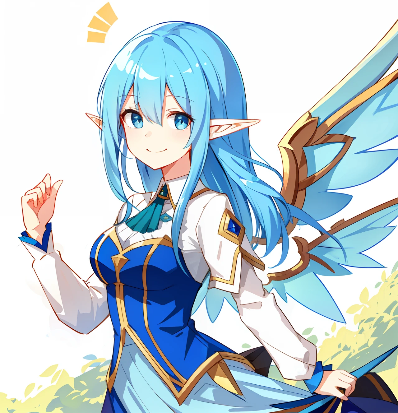 Draw a blue-haired elf girl,Playful and cute,With wings,Simple lines,Wear a long skirt,With a smile