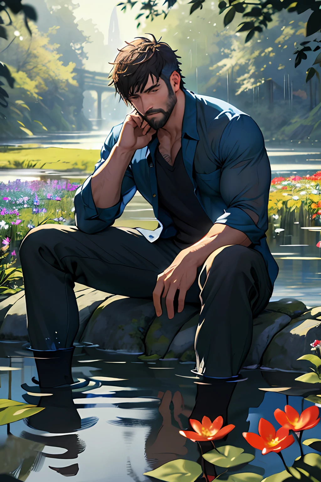 best detail、Masterpiece level、expressiveless、Ultra-high resolution CG diagram,detailed background depiction,photorealistic effect,The theme is male solo,The characters look muscular、Image of a mature male,short detailed hair、Features of facial hair,The sitting posture exudes charm,A scene of water bodies and flower fields merging,Realistic shadow and lighting effects,Present depth of field,The water goblin lies between his legs,drenched all over the body,clothes see-through