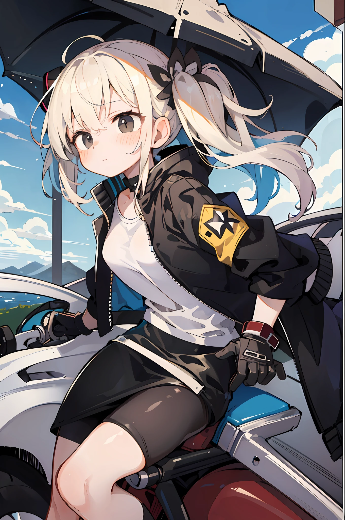 (Masterpiece, Best Quality:1.3), 1Girl, (Black Rider Jacket:1.26), Black pencil skirt, motorcycle, Driving gloves , Beige hair, Long hair, Shaggy Cut, Black eyes, sexy, pervert, Chikan