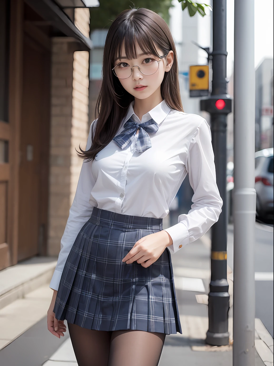 (8K、Raw photography、top-quality、masterpiece:1.2),Black pantyhose,absurderes,a small face,small tits,flat breast,Parting the bangs from the middle、Forehead visible,(Tight eyes,Bullish,skinny,Rasping,irate)、masterpiece,top-quality、超A high resolution,Raw photo,ren,Beautiful fece,One Person, 独奏,eye glass,,Dark look,Small breasts,fullllbody,Round glasses、cute little、A Japanese Lady,is standing,(Tight eyes,Bullish,skinny,Rasping,irate,small tits,flat breast)、(Photorealsitic:1.37)、Photon mapping,Light blue ribbon,Realistic、Cute little face,Brown-eyed、Black socks、(Red bow tie)、Radio City、Physically Based Rendering、Foreground、depth of fields、Blurry background、a picture,The girls、Body, Long legs, Thin leg,poneyTail,(Bangs are visible), hair, s lips, Blue_The eye, nosesoft,White shirt, Navy blue and white plaid pleated skirt, Knees are visible,Sheer clothing,, Thigh, Black cotton socks,Nogizaka Idol, 女優, Japanese ido