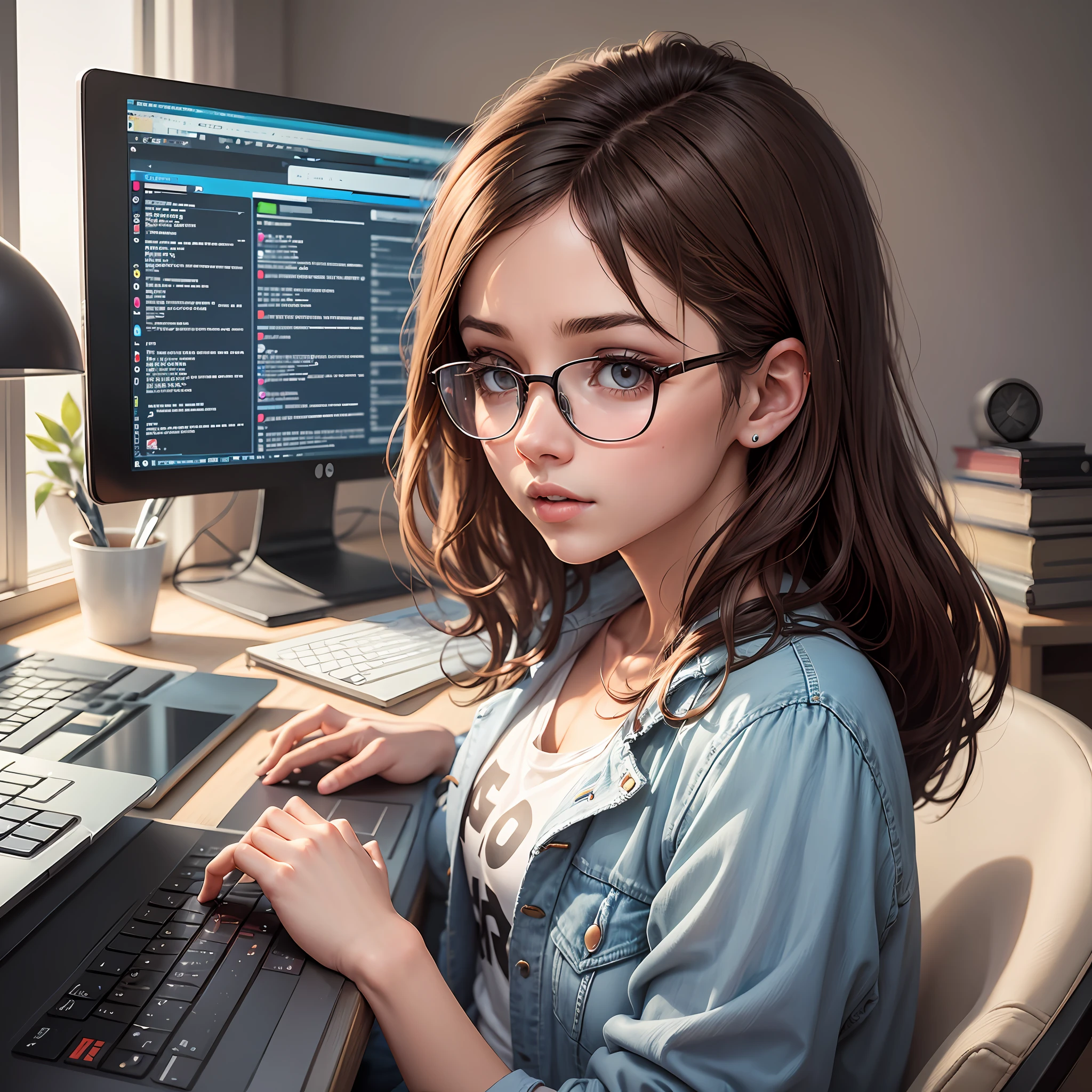 a young woman with brown hair and glasses and dressed in jeans, white T-shirt and denim jacket on the left side, a computer on the computer screen, various codes;.imagen realista --auto --s2