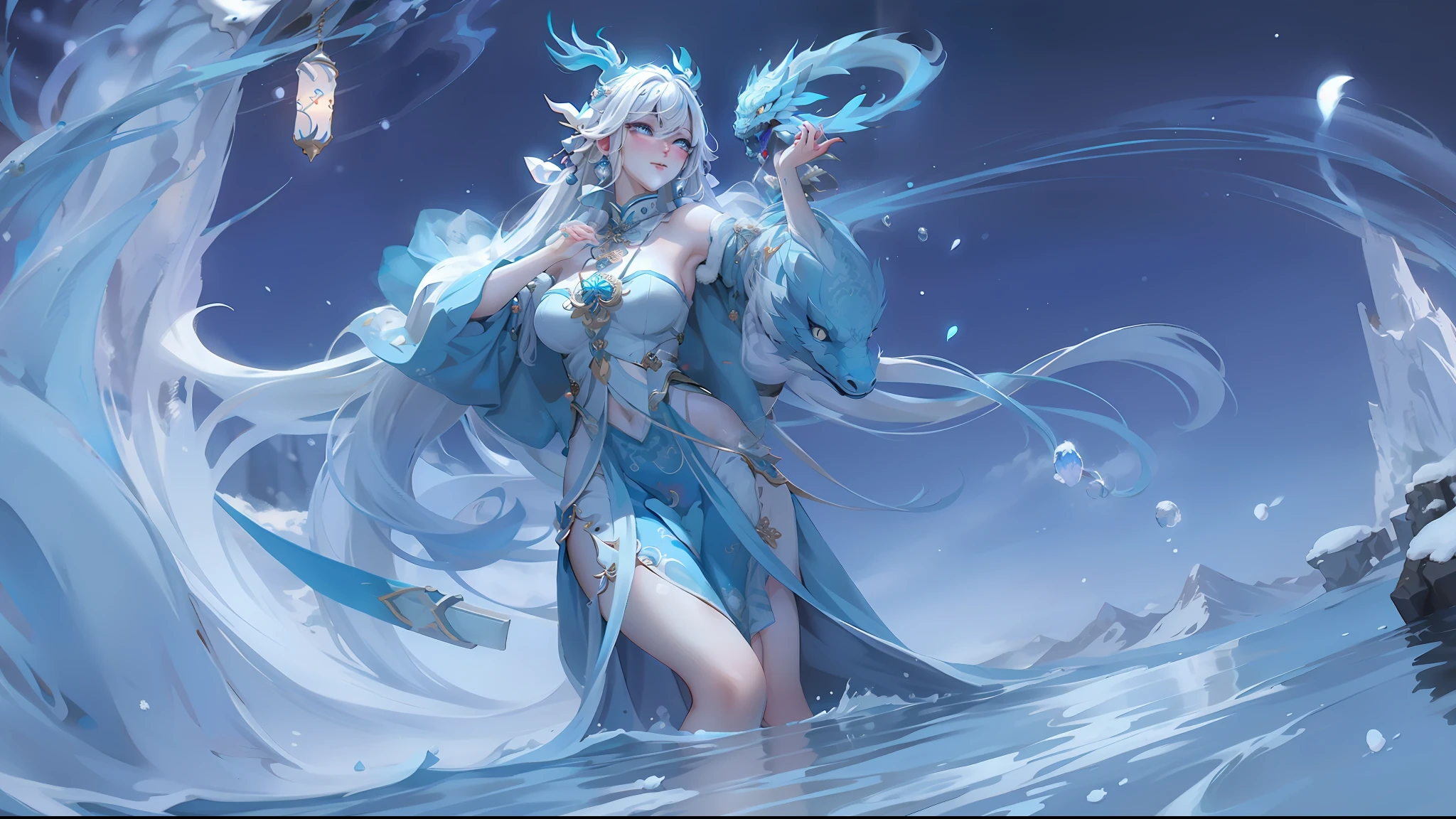 A woman wearing a white dress，A water dragon was wrapped around one hand，Perfect facial features，Snow-capped mountains in the background，queen of the sea mu yanling, Beautiful celestial mage, heise jinyao, full-body xianxia, ice sorceress, white-haired god, inspired by Ju Lian, Yun Ling, Inspired by Lan Ying, goddess of winter, Inspired by Ai Xuan, queen of ice and storm