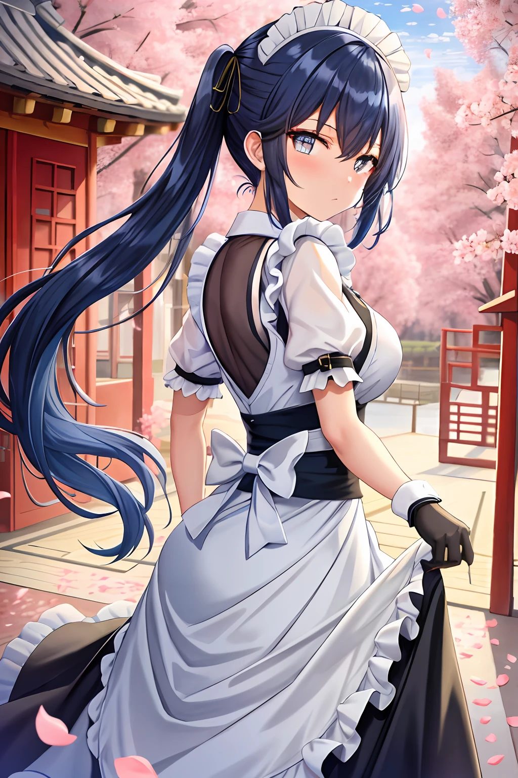torino aqua, highres, 1girl, blue hair, twin tails hair, gold eyes, (maid), suit, maid apron, looking back, from behind, looking at viewer, light frown, ((glowing eyes)), no breasts, black gloves, day, clouds, cherry blossoms, ((falling petals)), east asian architecture,