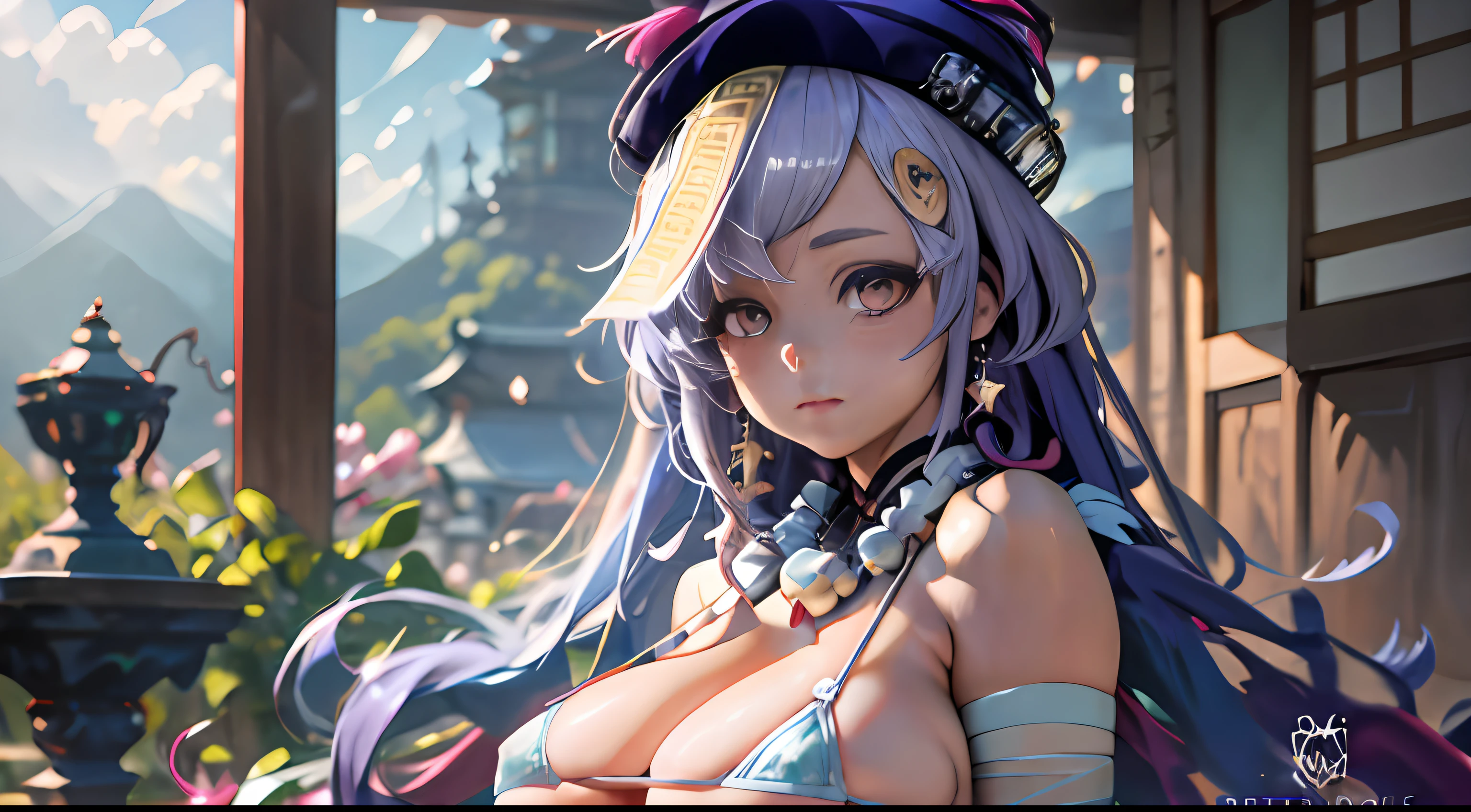 (NSTDA.:1.2), (10, beste-Qualit, master-piece: 1.4), ultra-high resolution, (lifelike, photorealistic portrait: 1.48), 25 years old, Cute Girl, (See through the microcolor bikini beetle:1.11), Famous Japanese actors, gigantic breasts, Blue Eyes, Head tilt, cowboy shot, from the side, looking at the audience, expressionless, Beautiful lake, Zeiss 150mm F/ 2.8 Hasselblad, In Japanese shrines, Whole body, foot, Ultra-Wide Angle