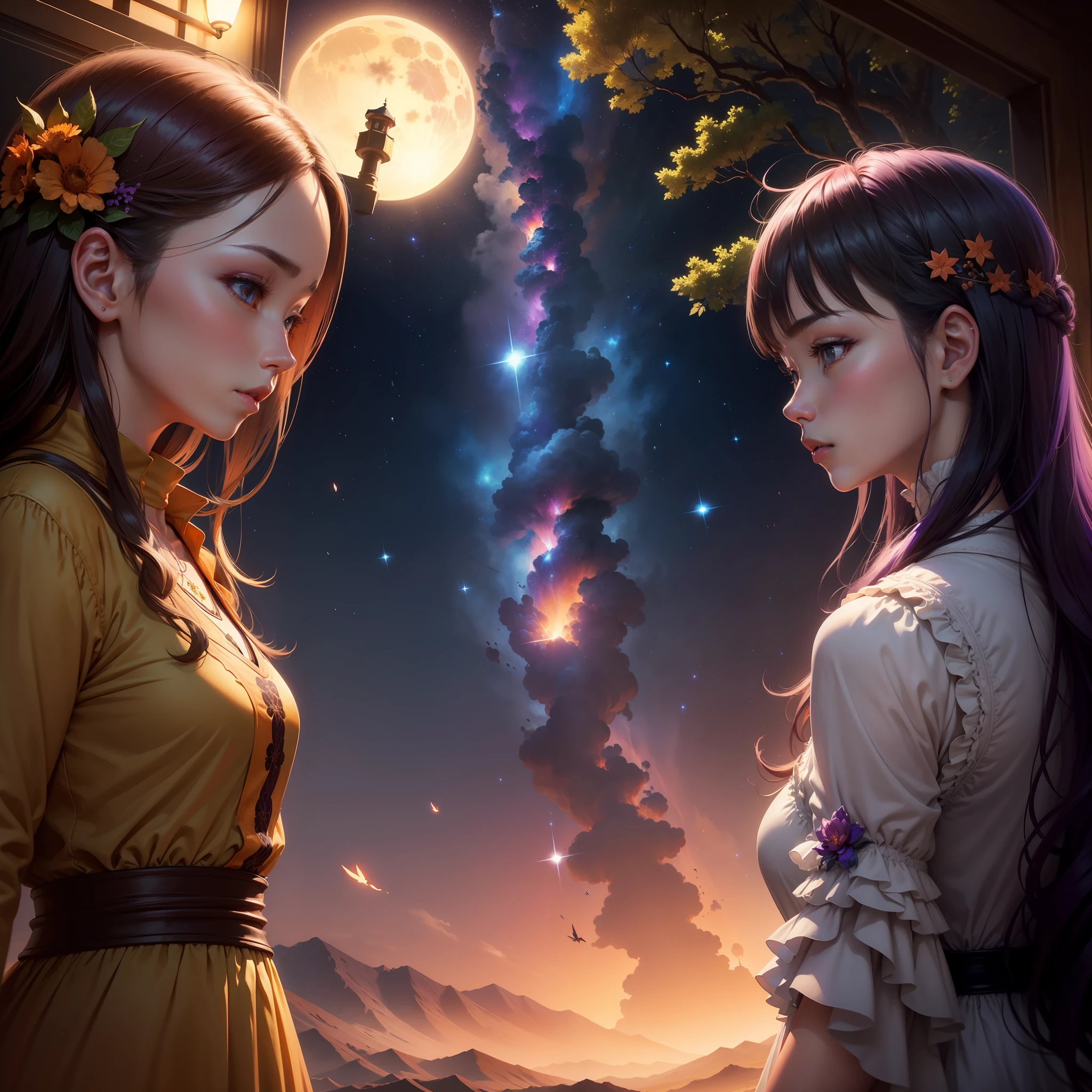 Vast landscape photos、(View from below with a view of the sky and the wilderness below)、(fullmoon:1.2)、(shooting stars:0.9)、(nebulas:1.3)、mountain in the distance、Tree BREAK Production Art、(Warm color Light Source:1.2)、(fireflys:1.2)、abajour、Purple and orange、intricate detailes、Volume Lighting BREAK (masterpiece:1.2)、(top-quality)、4k、ultra-detailliert、(The composition of the movement:1.4)、Highly detailed and colorful details(Irridescent color:1.2)、(glowing lighting、Atmospheric illumination)、dream-like、Magical、(独奏:1.2)、mystical、buttle、a cool、two womens