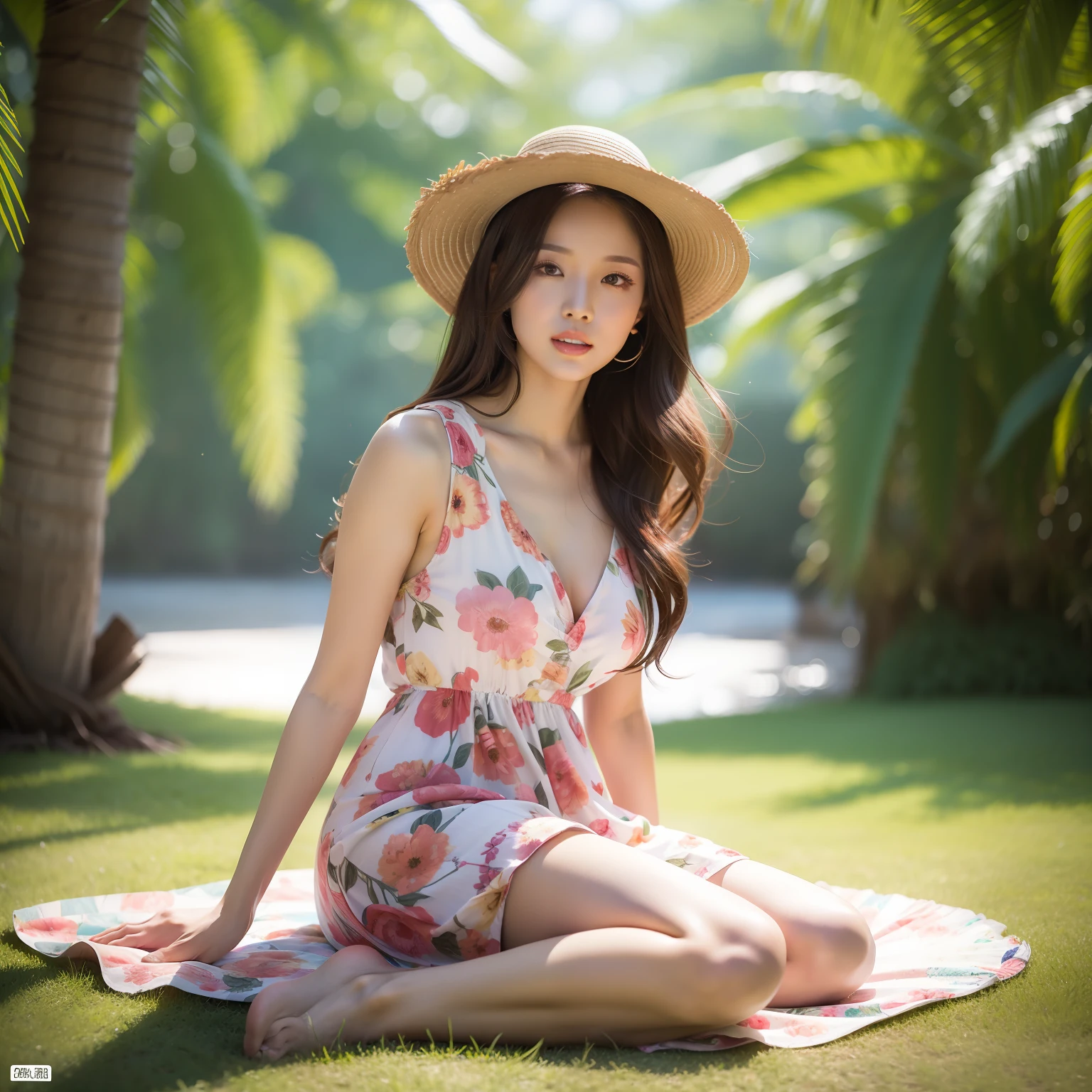 Hot summer，A woman in a summer dress，Height 1.8 meters，Tall，pretty hair，Barefoot，Eye makeup，perfect bodies，Wow the audience