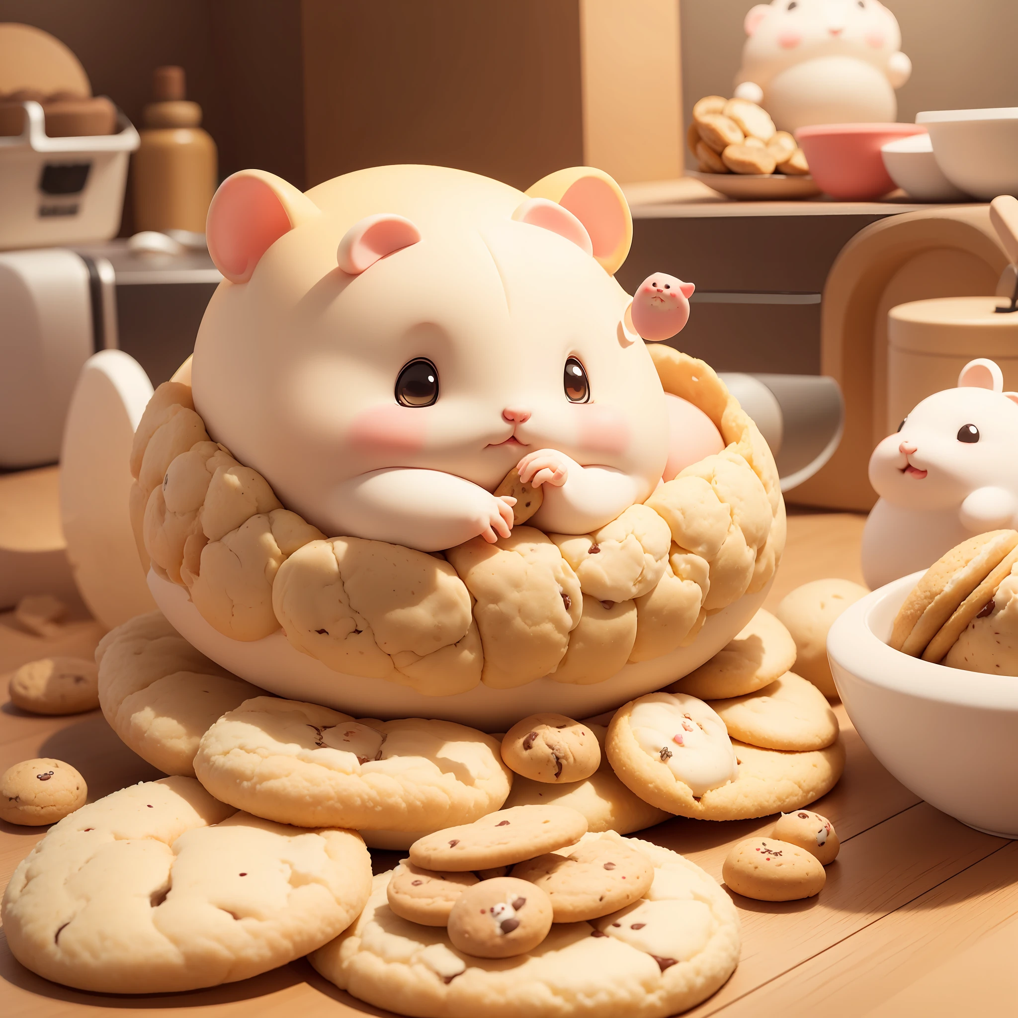 Chibi,1 Hamssterr,a cartoon fat Hamster eat cookies,siiting,aggressive eyes,detailed body, background kitchen food,cute face,holding cookies,