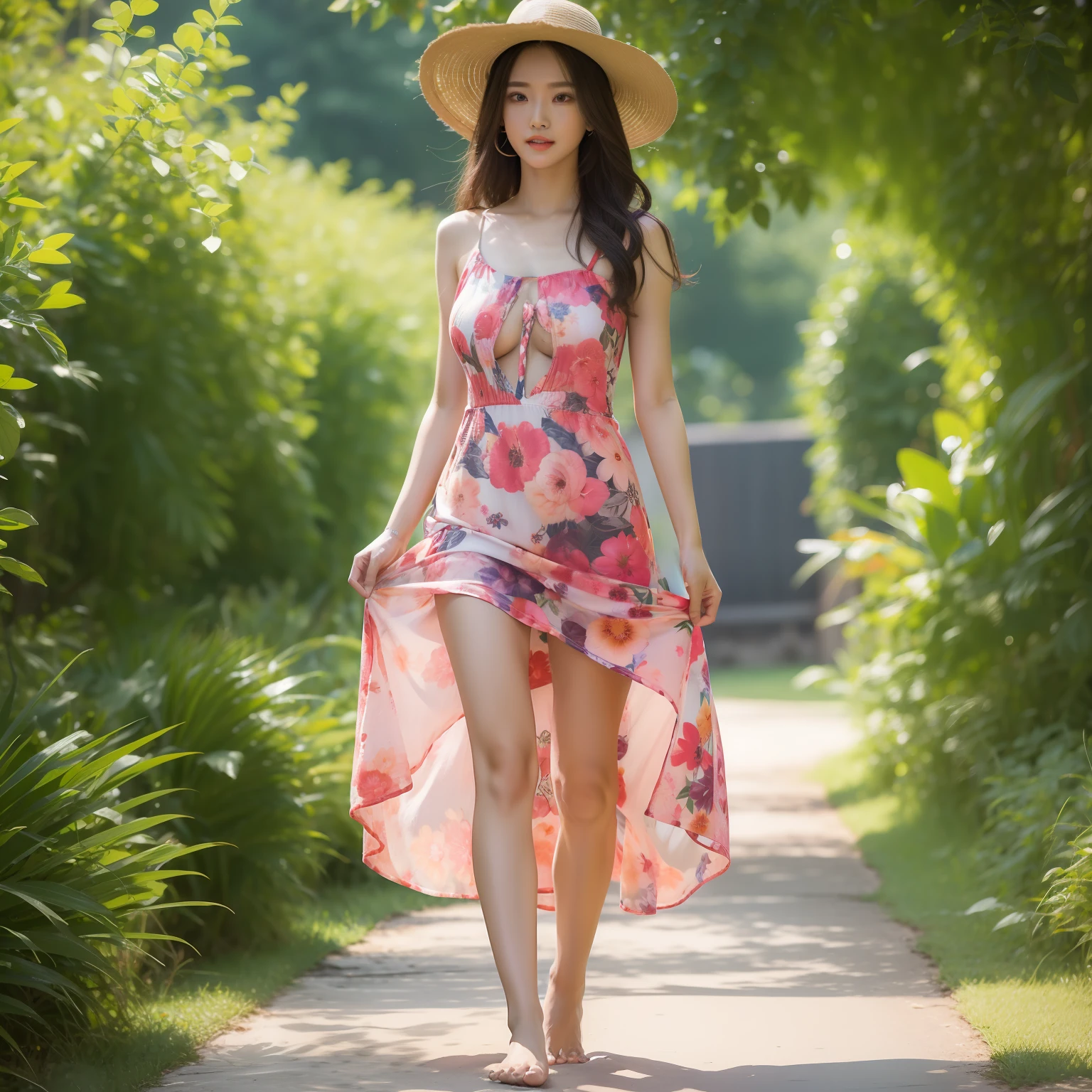 Hot summer，A woman in a summer dress，Height 1.8 meters，Tall，pretty hair，Barefoot，Eye makeup，perfect bodies，Wow the audience