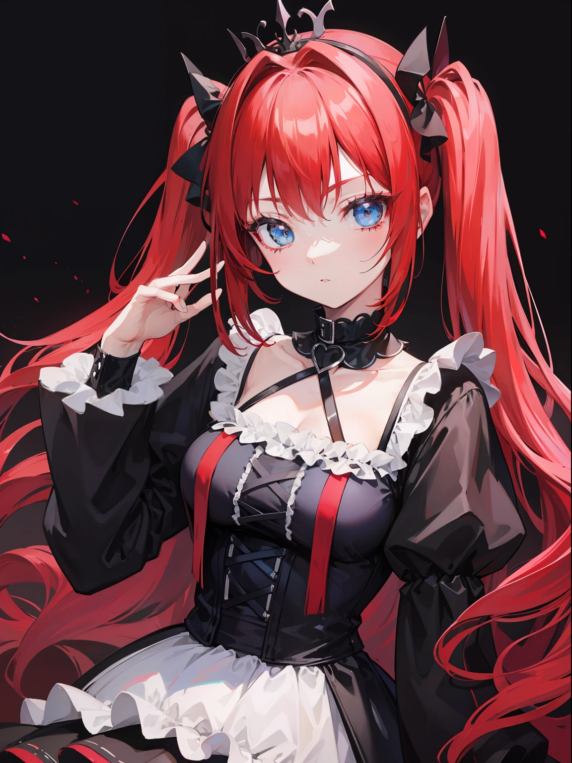 Red hair, Blue eyes, twintails, Goth Lolita, Darkgoth, Collar,Crown tiara,pride,solo,loli,Long hair,