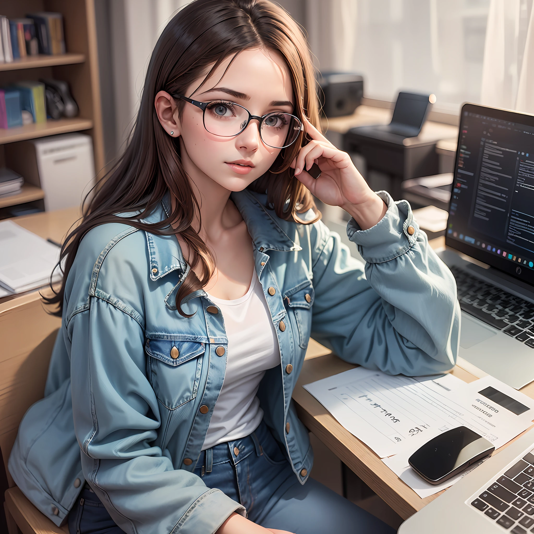 a young woman with brown hair and glasses and dressed in jeans, white T-shirt and denim jacket on the left side, a computer on the computer screen, various codes;.imagen realista --auto --s2