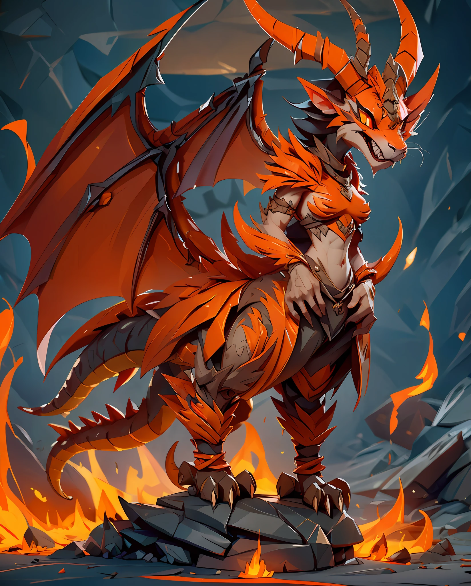 Khajiit, crimson and orange fur wtih black jagged stripes, demonic red horns, long orange tail, red and orange striped dragon wings, standing in lava, masterpiece, best quality