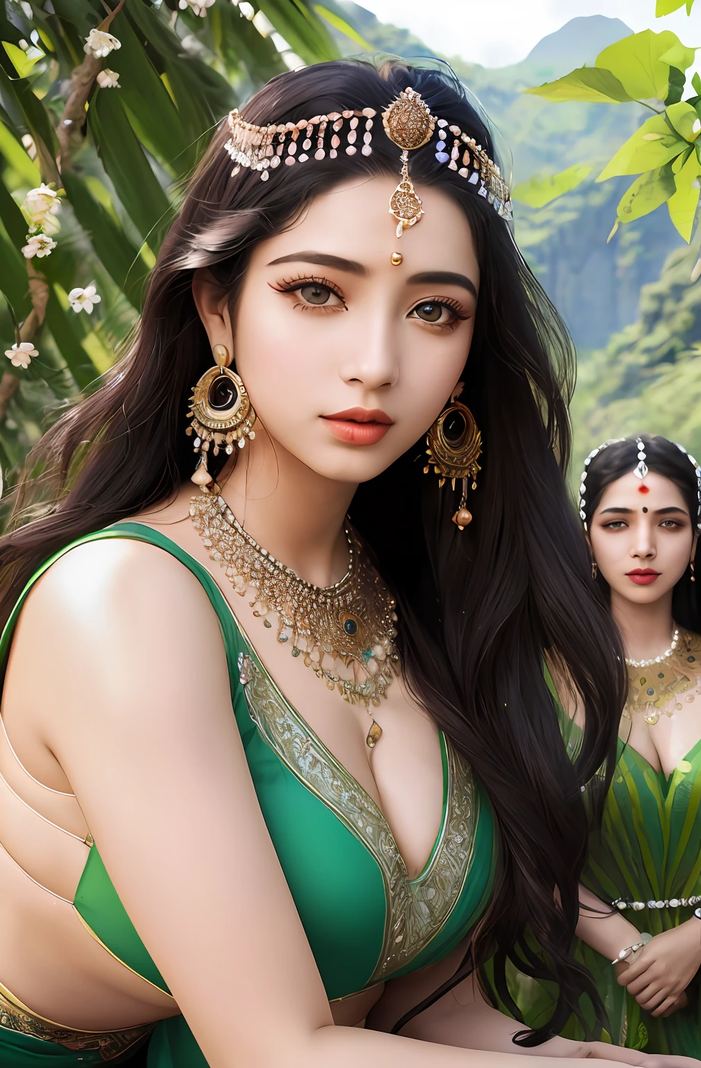 ((realistic:1.5)),((best quality)), ((masterpiece)),((detailed)),2girls,duo,{2 beautiful female}, (upper body:1.3),hugging and touching each other, teasing her friend's waist, gasping friend, biting her friend's ear lobe, squatting,super-wide-angle lens,face focus,long legs,curvy, barefoot, medium breasts, open cleavage, drooping breasts, thick thighs,wide hips, thin legs, long black hair,floting hair,long eyelashes, (detailed face,beautiful eye, detailed pupilss,detailed clothes features, clear background:1.3), (Bindi,Jhumkas:1.3),mysterious ancient ruin, lush forests, deep canyons,bridge,river,cliff,cloud,lakes,rock,waterfalls, flowers, grass,vine,tree,bright details,sharp,perfect composistion, Intricate, Sharp focus, dramatic,