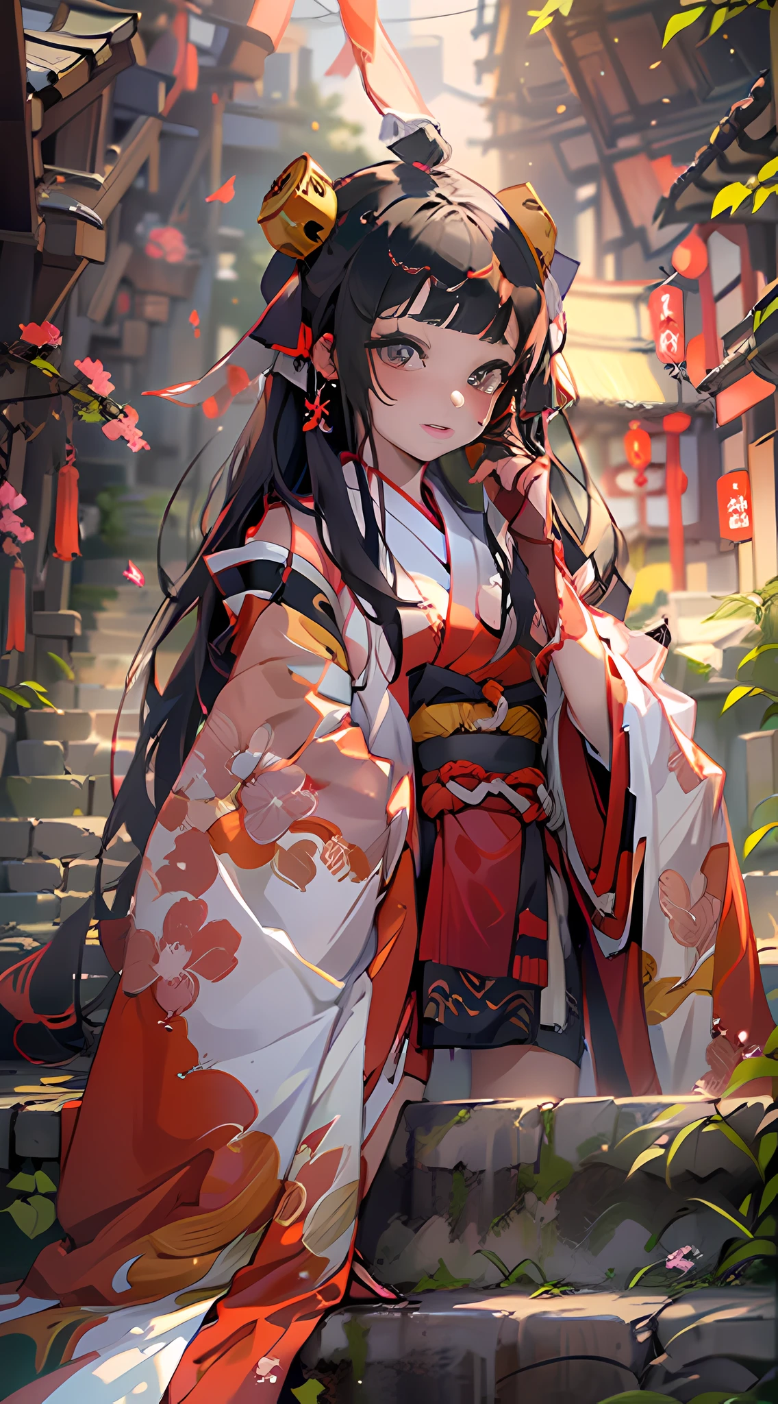 (Japan Priestess:1.5)，Kikyou，(Kagura Bell:1.5)，head gear，ln the forest，Mossy stone steps，falling leaf，Japanese temple background，Long black hair，red headgear，Red highlight，the setting sun，strong winds，god light, detail shaded， dream colors，low angles，dream magical