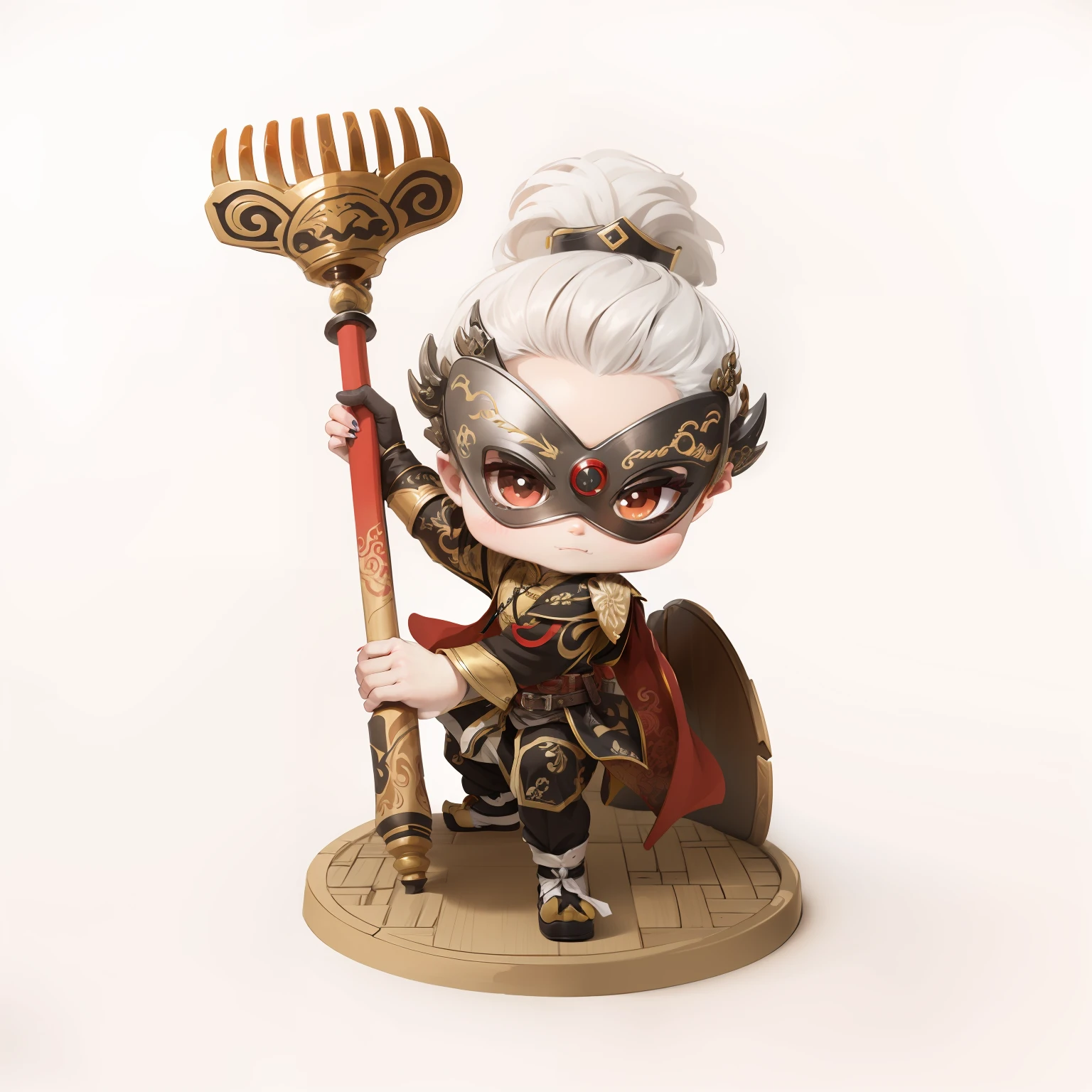 male people,Male characters,Chibi anime characters,Bad,Nine-toothed nail rake,Nail rake,China-style,Chinese-style clothing,Chinese shoes,There is a beautiful pattern on the grip,Refinement,Fine painting,Refinement,infinite details,high definition detail,Delicate belt,Belt accessories,Male characters,Blindfolds,White color hair,Patterned,Pattern,Blank background,Bright colors,Metal edging