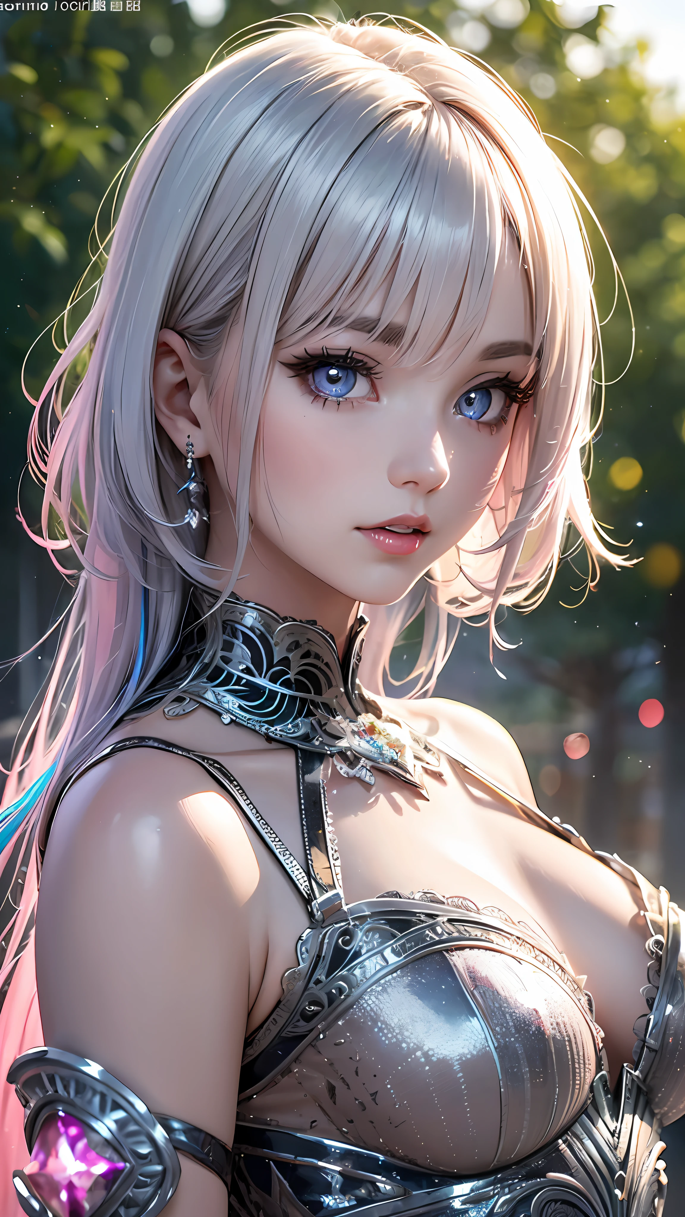Realistic, Hyper Detail, Girls Only, Layered Bob, Dynamic Lighting, ((Bold imaginative pose)), (Glossy skin: 1.5), Masterpiece, Top Quality, Absurdity, Watching Viewer, (Blonde and Pink inner colored Hair), deep Purple Clear Eyes,((Beautiful, detailed eyes, jewel-like eyes, colorful eyes, sparkling eyes:1.3)), Slender, High Resolution, Sharp Focus, Depth of Field, Detail Eyes, Sharp Eyes, (Realistic Eyes)), outdoors, sunrise sky, (attractive delicate design river trimmed lace dress, (intricately patterned silver armor wearing): 1.3))