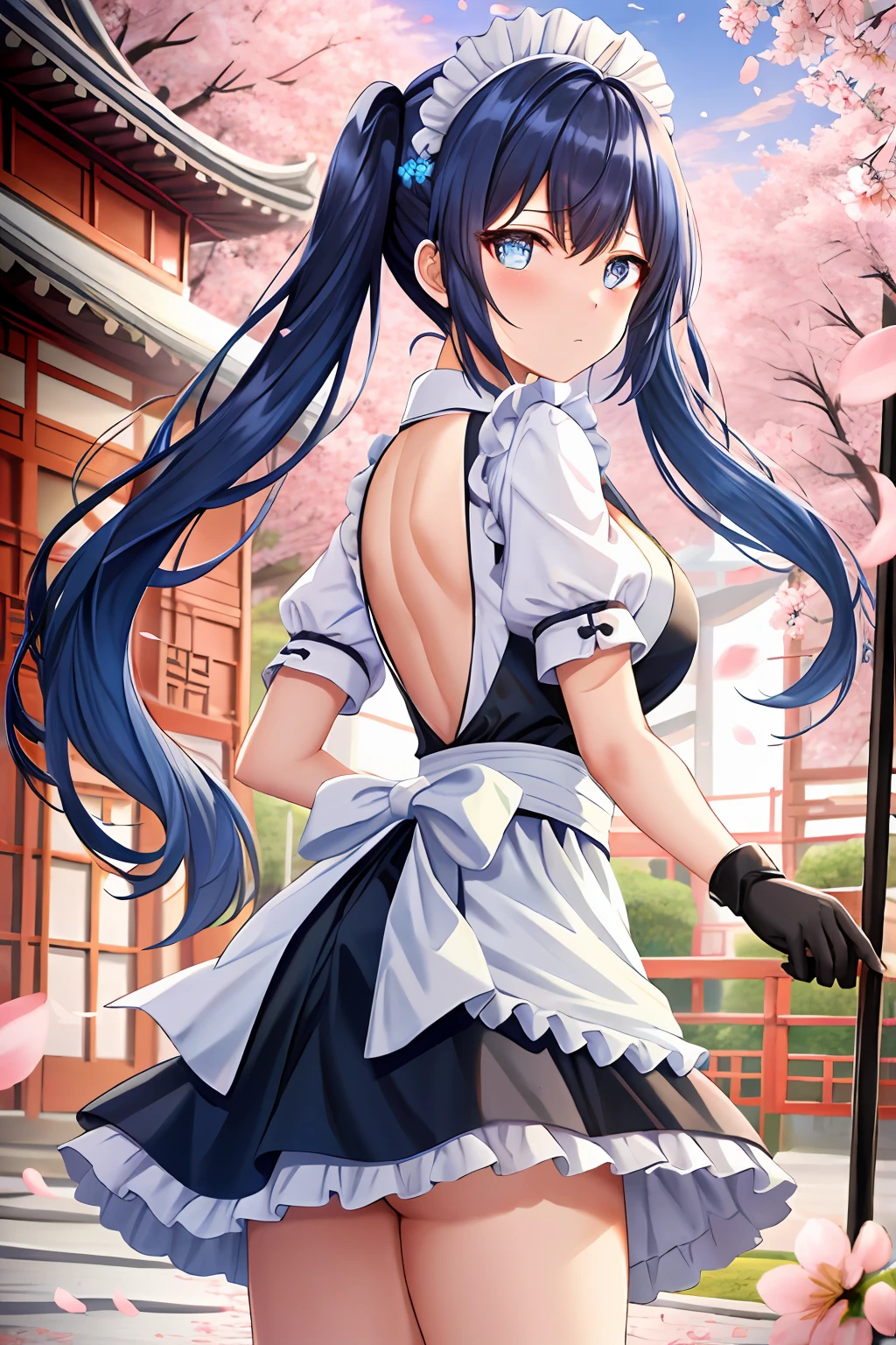 torino aqua, highres, 1girl, blue hair, twin tails hair, gold eyes, suit, maid apron, looking back, from behind, looking at viewer, light frown, ((glowing eyes)), no breasts, black gloves, day, clouds, cherry blossoms, ((falling petals)), east asian architecture,