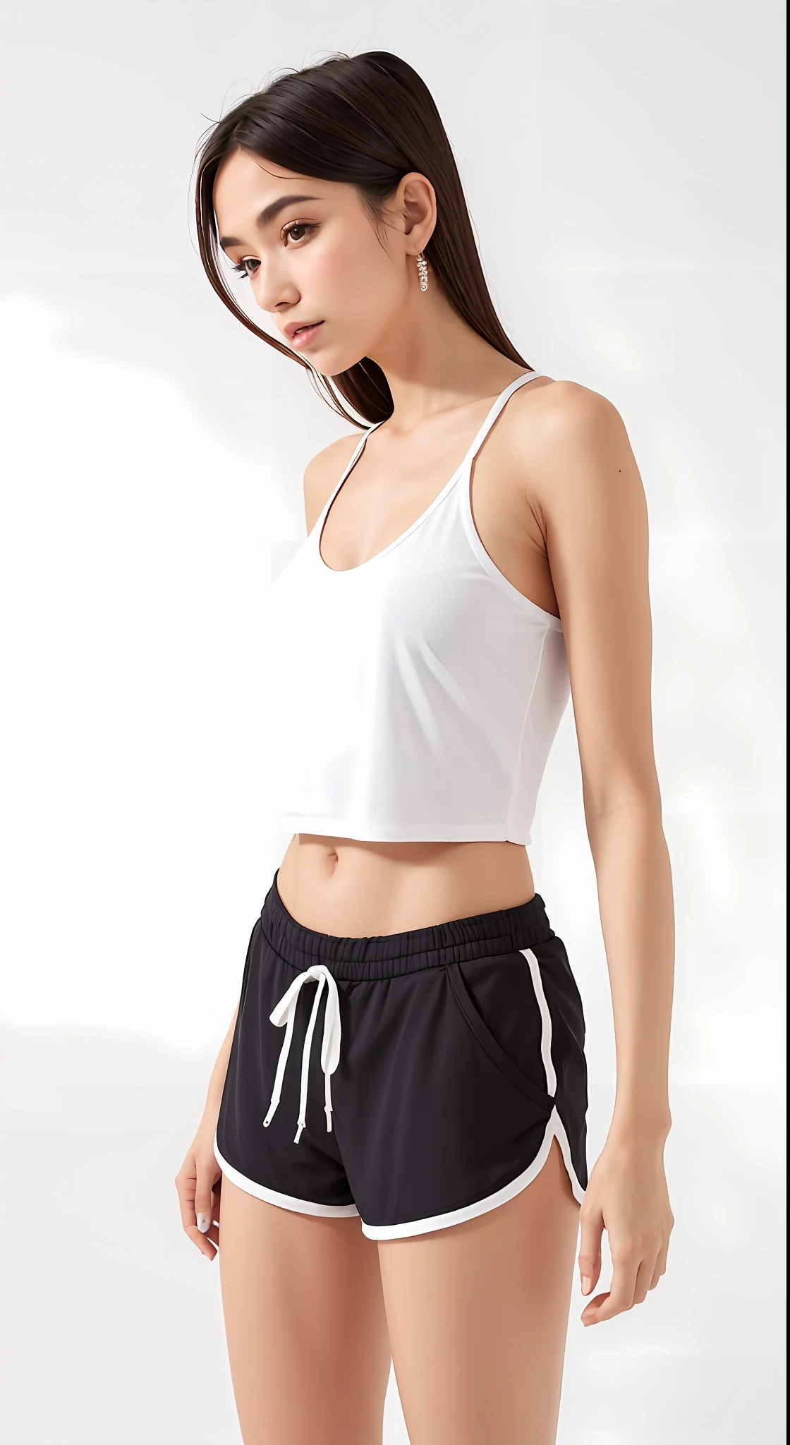 um close up de uma mulher de top branco e shorts azuis curto, usando um top cropped sexy, Tampo branco do tanque, usando um top cropped, usando uma regata cropped preta, usando topo de corte, topo de corte, usando uma regata preta cropped, Tampo do tanque apertado, tampo branco, vestindo regata e shorts curto, tampo de cabresto branco, usando um top cropped