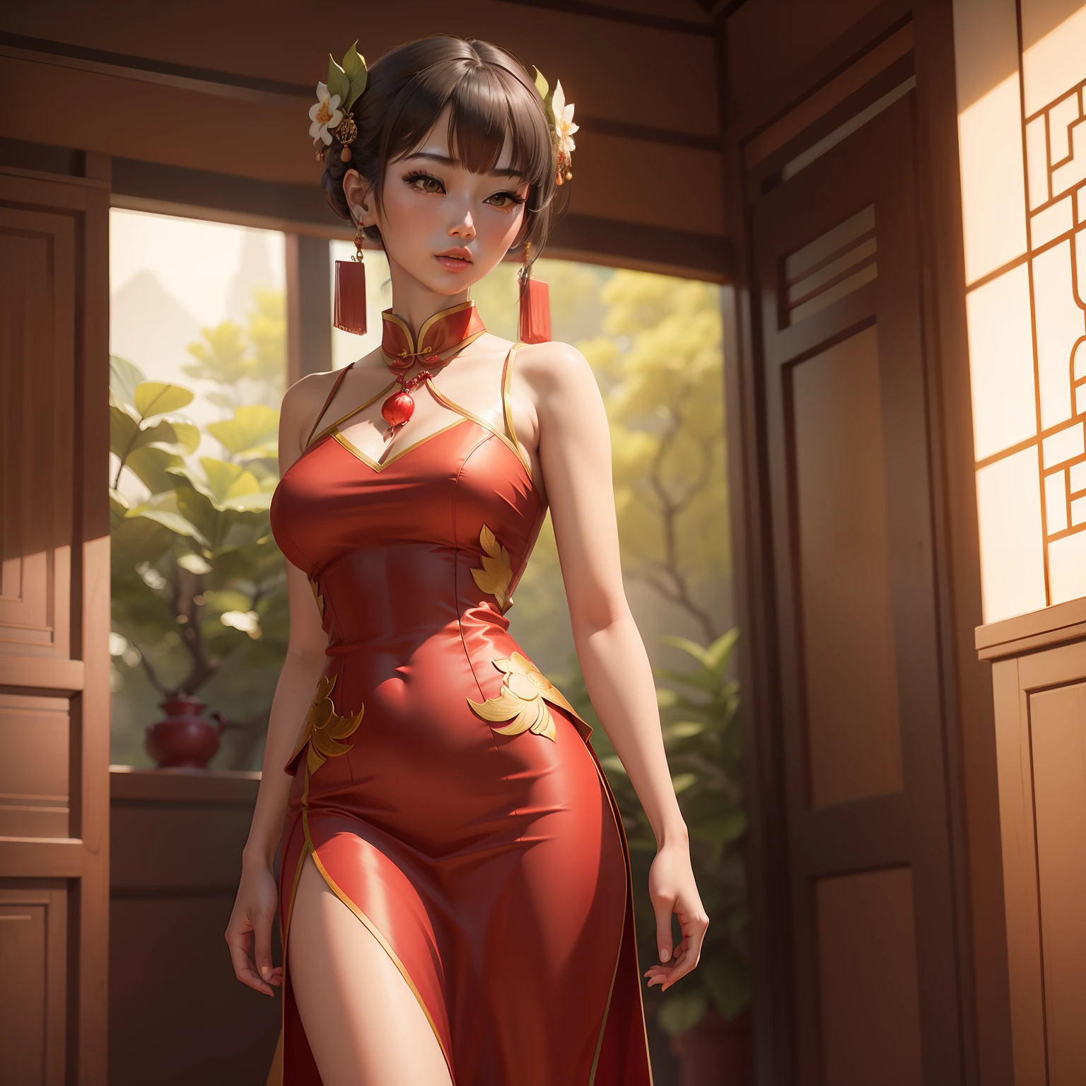 a woman in a red dress with a green necklace, chinese girl, wearing a red cheongsam, cheongsam, chinese woman, chinese dress, trending at cgstation, yun ling, beautiful render of tang dynasty, inspired by Lan Ying, gorgeous chinese model, trending on cgstation, asian girl, for hire 3d artist, asian woman