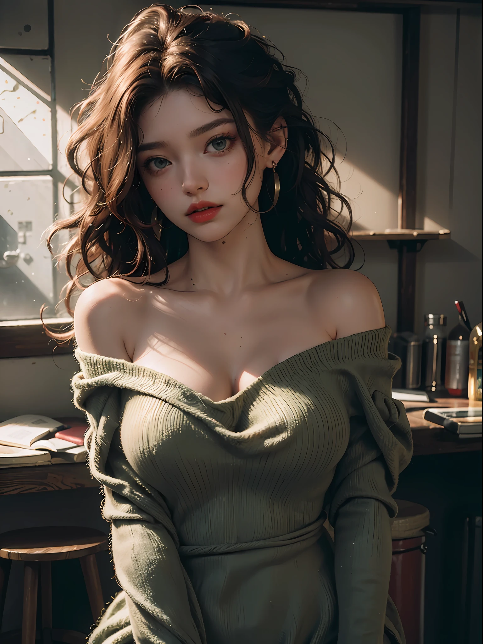 Best quality, masterpiece, ultra high res, (photorealistic:1.4), raw photo, 1girl, off shoulder, cinematic lighting, woolen dress, big boobs, messy hair, red lipstick, detailed green eyes, messy up curly long hair, ear ring