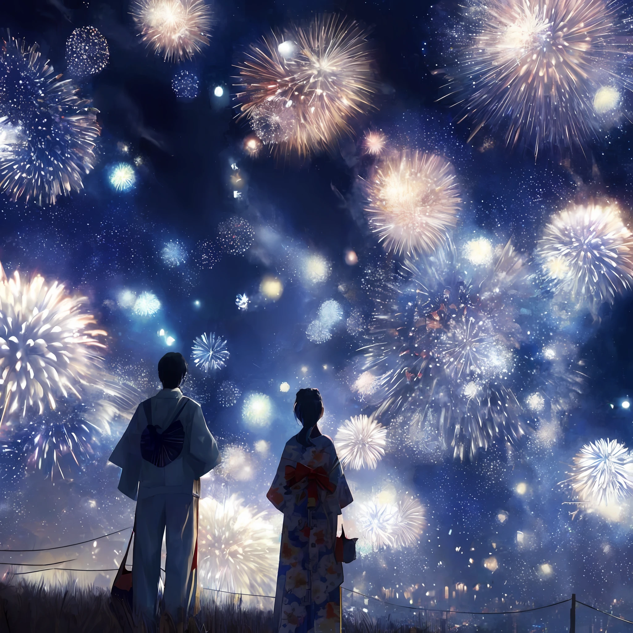 Fireworks are lit up in the sky above several people, [ Fireworks in the sky ]!!, Happy!!!, Fireworks in the background, sparklers, Fireworks, fireworks in background, intricate sparkling atmosphere, Beautiful!!, by Kobayashi Kiyochika, !!Beautiful!!, by Eizan Kikukawa, by Yamagata Hiro, Future!!