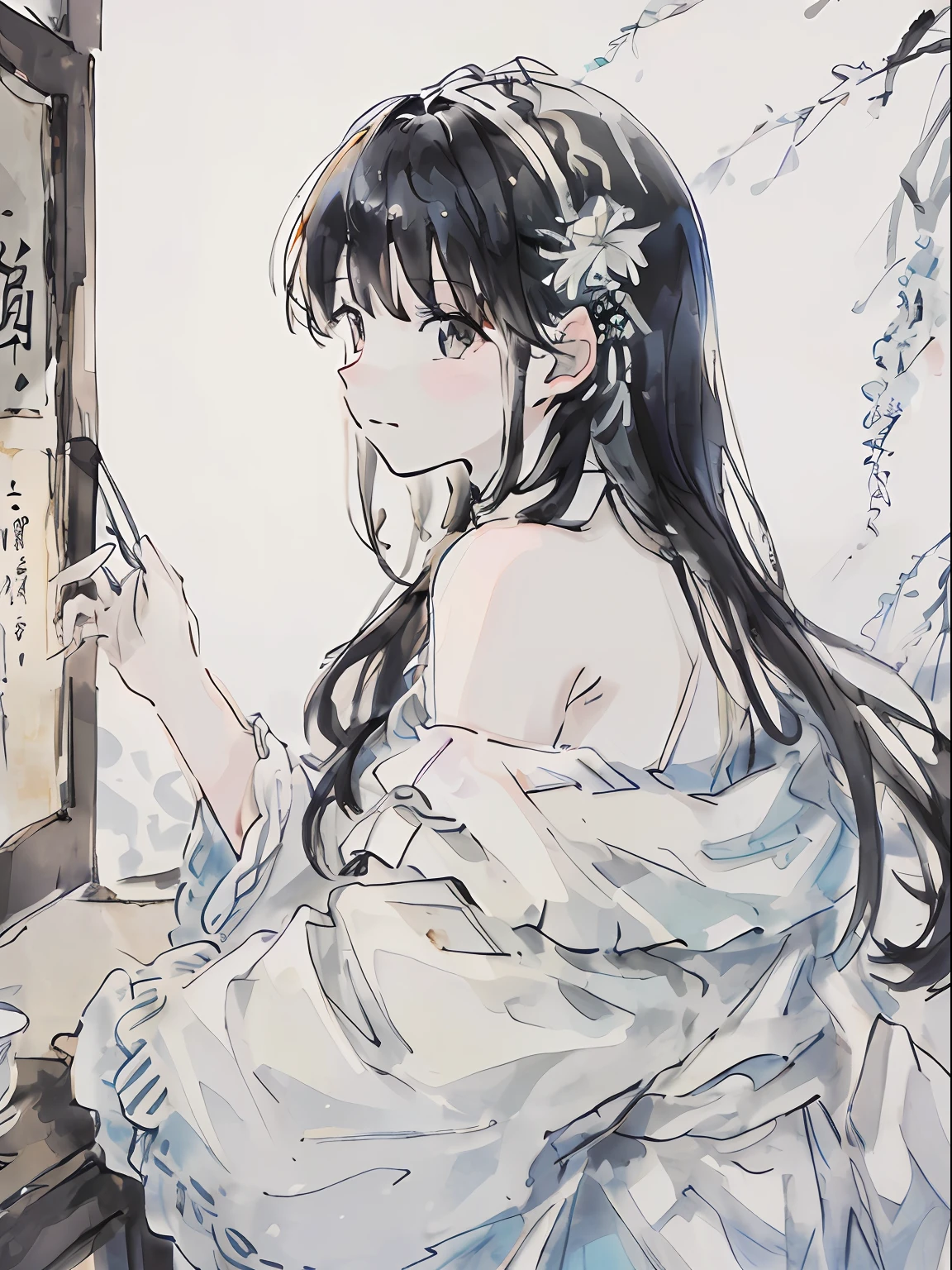 ((masterpiece、top-quality)),1girl in, 独奏,A dark-haired、White off-shoulder knit、 contemportry,profile、portlate、up of face、naughty face