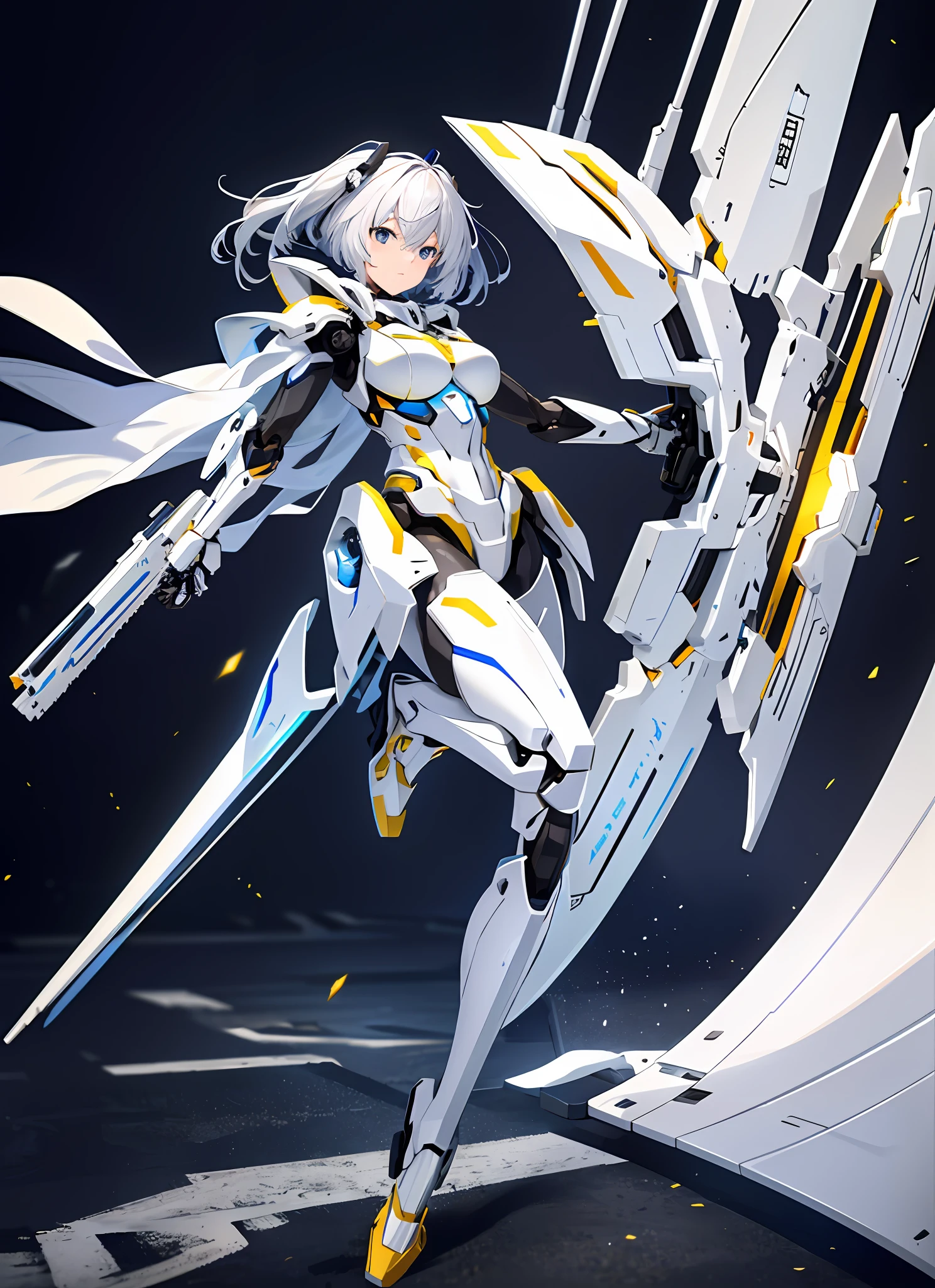 Top quality, masterpiece, ultra-detailed, accurate depiction, highly detailed 8k wallpaper, (beautiful mechanical girl), solo, textured skin, mecha, unmanned, (full body), (white mech: 1.5), (axisymmetric: 1.4), (HDR), (movie light: 1.1), science fiction, (Holding a huge weapon: 1.5), holding an oversized shield,