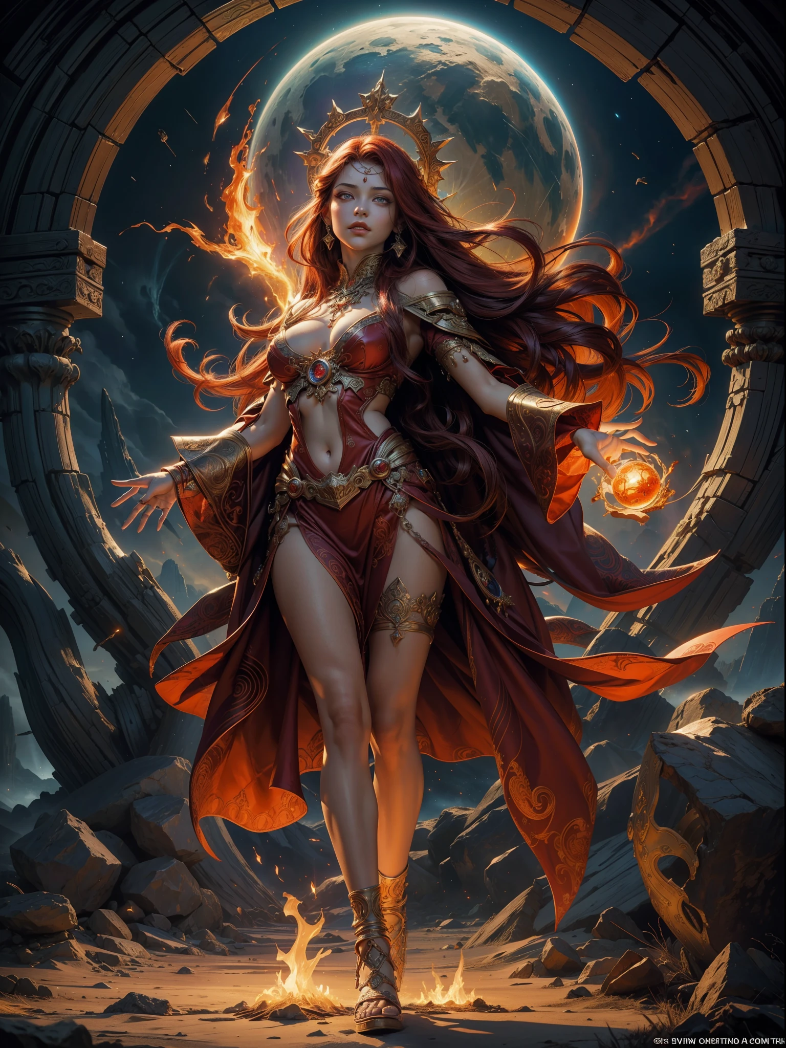 high details, best quality, 8k, [ultra detailed], masterpiece, best quality, (extremely detailed), full body, ultra wide shot, photorealistic, fantasy art, dnd art, rpg art, realistic art, an ultra wide picture of a female human (1.5 intricate details, Masterpiece, best quality) godess of fire  ((fiery radiant aura)), controlling a swirling fiery red radiant magic (1.5 intricate details, Masterpiece, best quality), manipulating purple radiant magical symbols, [[divine symbols]] (1.5 intricate details, Masterpiece, best quality), human female, red  hair, long hair with aura, hair with red radiant eyes, intense eyes, ((radiant eyes)), (( red glowing eyes)), dynamic clothing, fantasy volcano back ground, stresms of lava,  celestial  background, ((divine worship atmosphere)), high details, best quality, highres, ultra wide angle