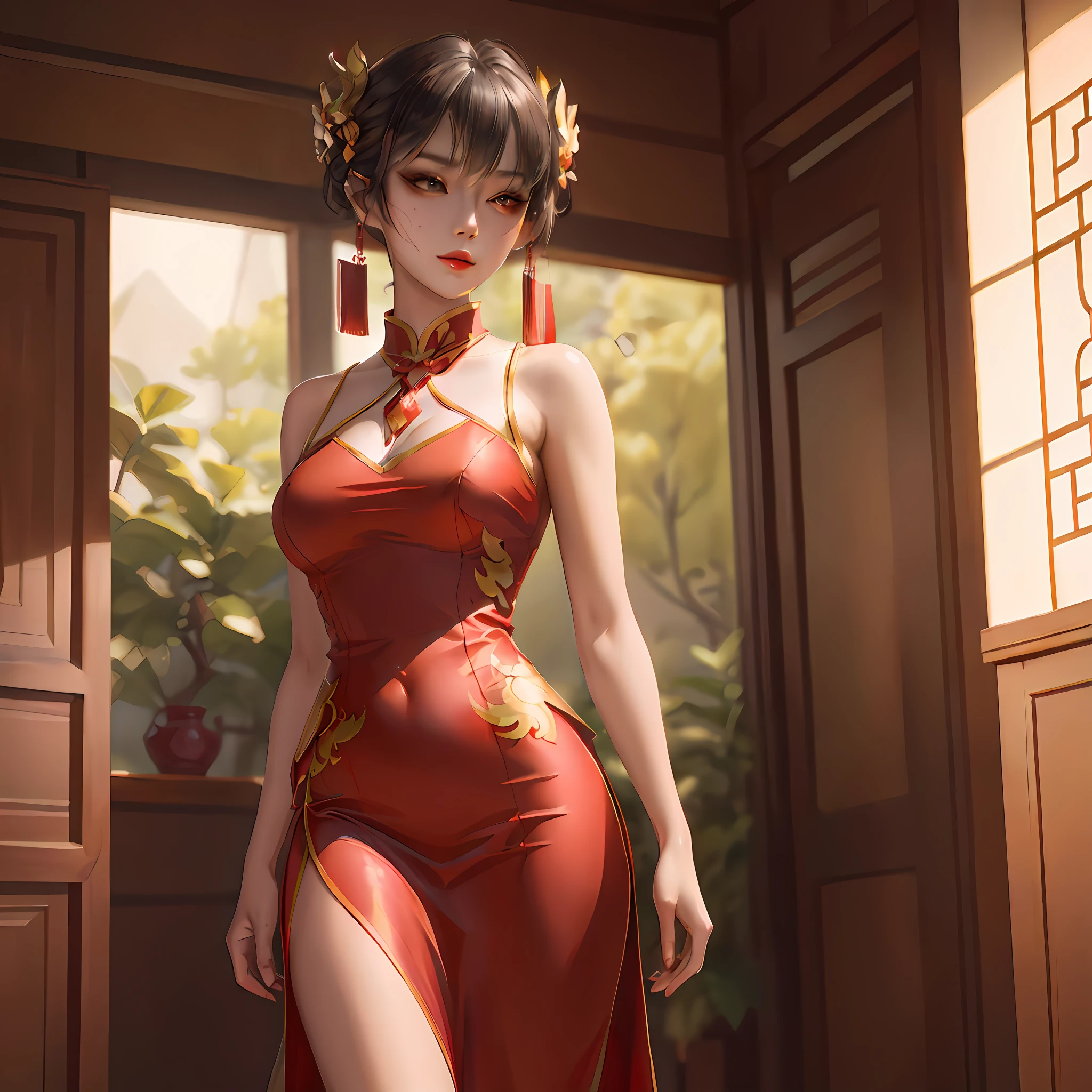 best quality, masterpiece, highres, there is a woman in a red dress posing for a picture, trending on cgstation, smooth digital concept art, wlop art, wlop glossy skin, artwork in the style of guweiz, trending at cgstation, g liulian art style, 8k high quality detailed art, cgsociety masterpiece, wearing a red cheongsam, smooth anime cg art