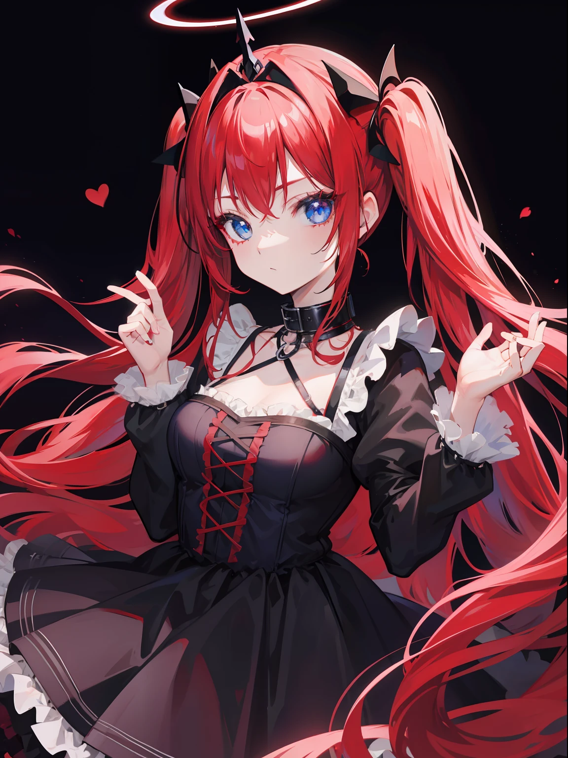 Red hair, Blue eyes, twintails, Goth Lolita, Darkgoth, Collar,Crown tiara,pride,solo,loli,Long hair,halo,vine