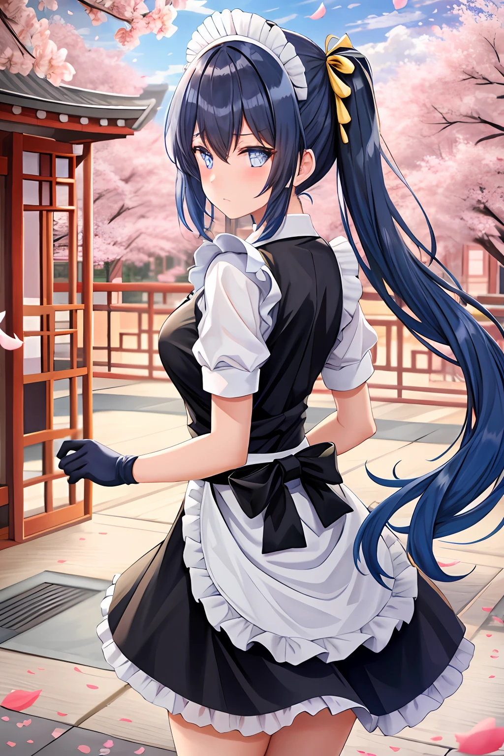 torino aqua, highres, 1girl, blue hair, twin tails hair, gold eyes, suit, maid apron, looking back, from behind, looking at viewer, light frown, ((glowing eyes)), no breasts, black gloves, day, clouds, cherry blossoms, ((falling petals)), east asian architecture,