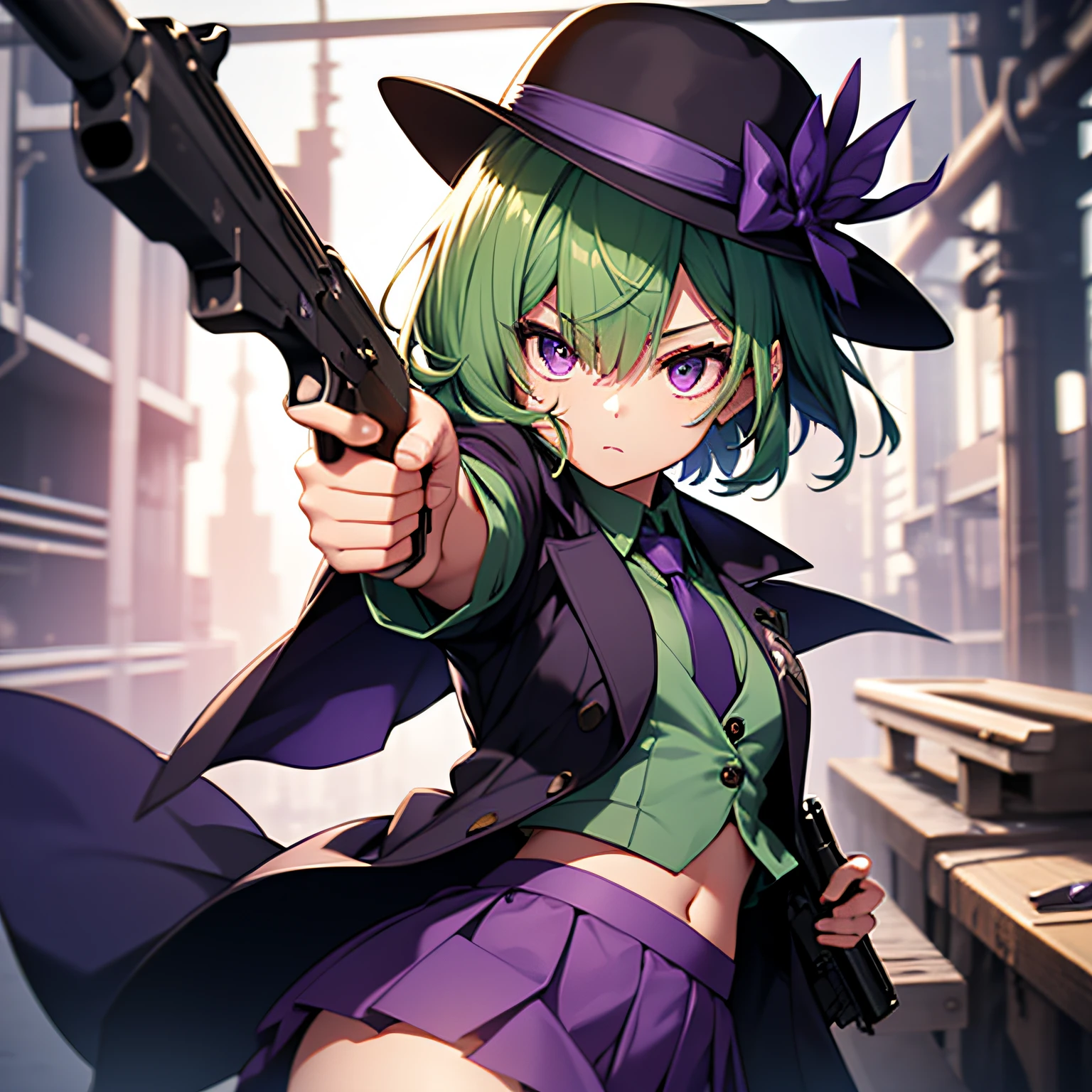 top-quality、extremely delicate and beautiful、(A teenage girl)、Purple Eye、Green hair、short-haired、(Purple pointy hat)、Purple tie、Soio、shortsleeves、Purple skirt、Navel,Tactical Vest、shortsleeves、Purple skirt、(Holding a pistol in his right hand)、((Pointing the gun to the front))