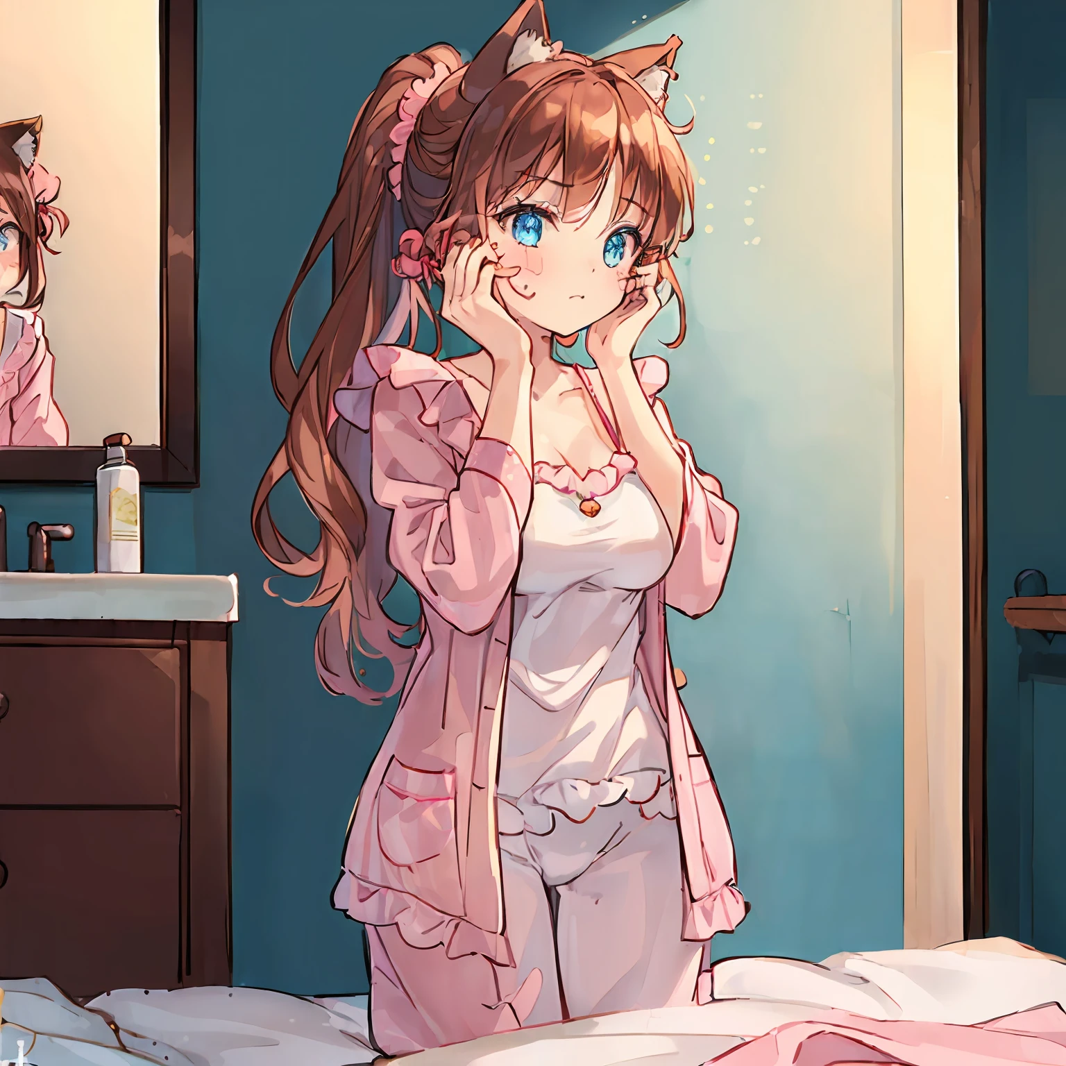 (Scribble on the face:1.8),(Highly detailed CG Unity 8k wallpaper), (Best Quality), (Super Detail), (Best Illustration), (Best Shadow), POV, Realistic lighting and shading, Natural light, Lens flare effect, BREAK, 1 beautiful girl, Solo,(Cute:1.5),(Chibi:0.8), (kawaii:1.5),(Lori:0.5), BREAK, ( (17 years old girl), Very detailed, colourfull, highest details, BREAK, (Huge breasts: 1. 2,), Clear skin, Beautiful skin, Shy skin, 1 beautiful girl, Brown hair, (Cat ears, Ponytail, medium-Long hair: 1. 2), (Light blue eyes, long eyelashes, Double eyelids: 1. 2), Solo, gleaming skin, BREAK, (Turning red:1.2), (She has her hair tied in a bun.:1.0), (Barefoot with colorful nails:1.0), (Pink Berry Wrap,Pajamas for girls:1.2), (pink scrunchie:1.0), (star-shaped earring:1.1), (Lace headband:1.0), (Cute Accessories:1.3), BREAK,(Angle from the back,Washstand,Standing in front of a mirror:1.1), (twogirls:1.1), Standing ,(I'm surprised,Face to face:1.2) Through the mirror, (hands on one's face:1.2), Large full-length lens, (specular reflection),