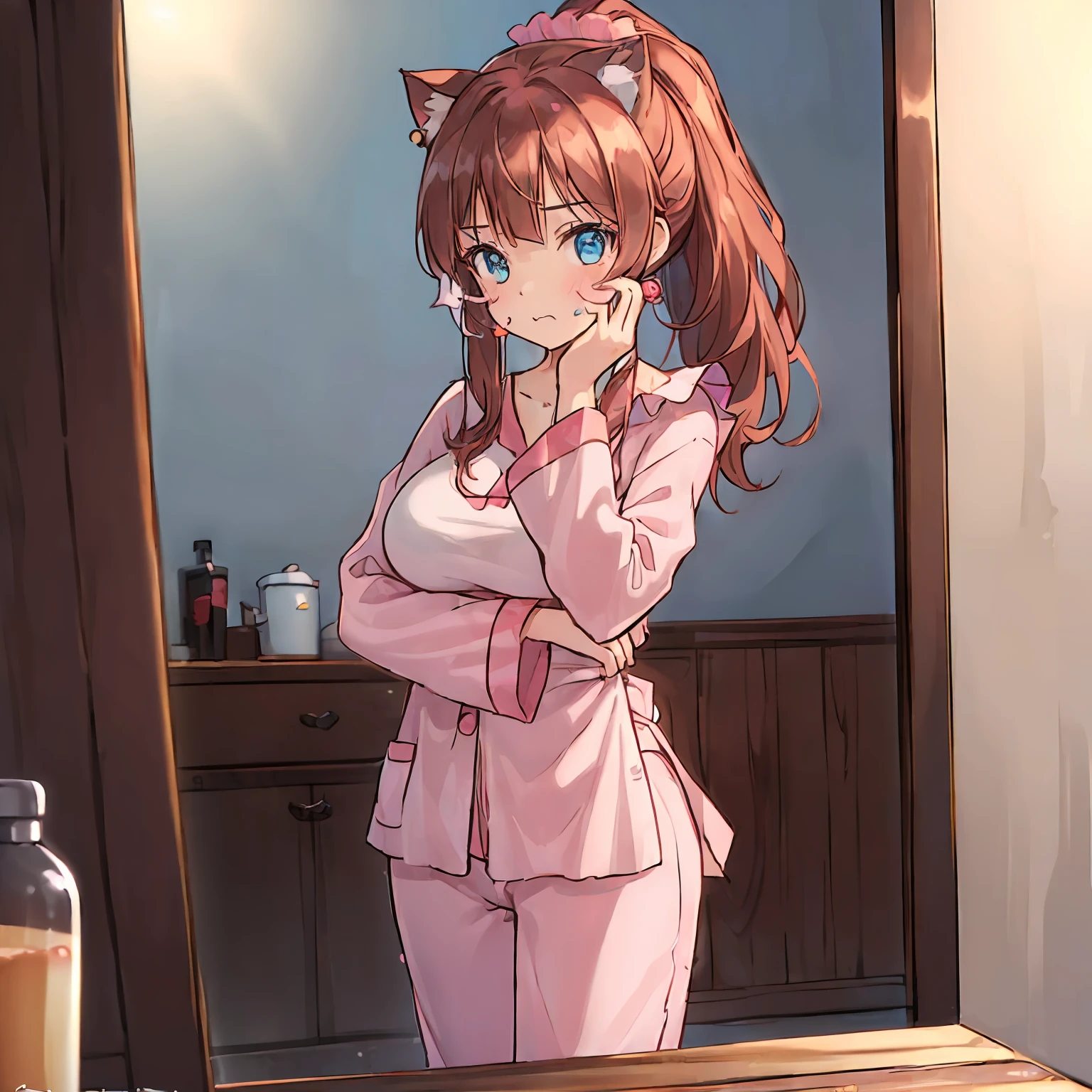 (Scribble on the face:1.8),(Highly detailed CG Unity 8k wallpaper), (Best Quality), (Super Detail), (Best Illustration), (Best Shadow), POV, Realistic lighting and shading, Natural light, Lens flare effect, BREAK, 1 beautiful girl, Solo,(Cute:1.5),(Chibi:0.8), (kawaii:1.5),(Lori:0.5), BREAK, ( (17 years old girl), Very detailed, colourfull, highest details, BREAK, (Huge breasts: 1. 2,), Clear skin, Beautiful skin, Shy skin, 1 beautiful girl, Brown hair, (Cat ears, Ponytail, medium-Long hair: 1. 2), (Light blue eyes, long eyelashes, Double eyelids: 1. 2), Solo, gleaming skin, BREAK, (Turning red:1.2), (She has her hair tied in a bun.:1.0), (Barefoot with colorful nails:1.0), (Pink Berry Wrap,Pajamas for girls:1.2), (pink scrunchie:1.0), (star-shaped earring:1.1), (Lace headband:1.0), (Cute Accessories:1.3), BREAK,(Angle from the back,Washstand,Standing in front of a mirror:1.1), (twogirls:1.1), Standing ,(I'm surprised,Face to face:1.2) Through the mirror, (hands on one's face:1.2), Large full-length lens, (specular reflection),