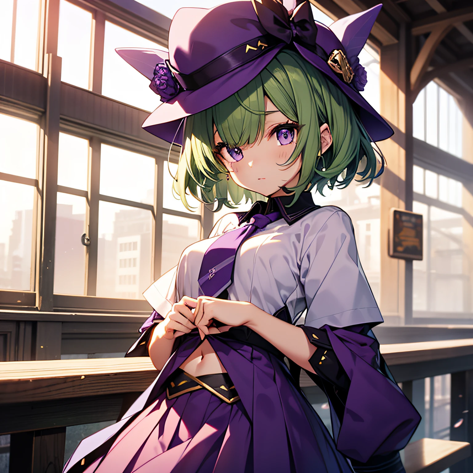 top-quality、extremely delicate and beautiful、(A girl)、Purple Eye、Green hair、short-haired、(Purple pointy hat)、Purple tie、Soio、shortsleeves、Purple skirt、Navel、shortsleeves、Purple skirt