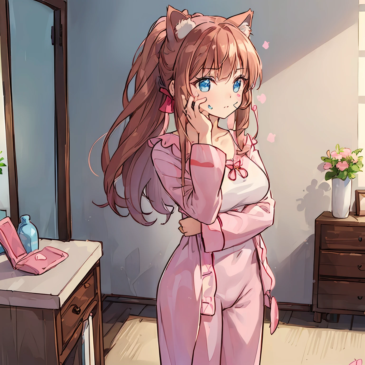 (Scribble on the face:1.8),(Highly detailed CG Unity 8k wallpaper), (Best Quality), (Super Detail), (Best Illustration), (Best Shadow), POV, Realistic lighting and shading, Natural light, Lens flare effect, BREAK, 1 beautiful girl, Solo,(Cute:1.5),(Chibi:0.8), (kawaii:1.5),(Lori:0.5), BREAK, ( (17 years old girl), Very detailed, colourfull, highest details, BREAK, (Huge breasts: 1. 2,), Clear skin, Beautiful skin, Shy skin, 1 beautiful girl, Brown hair, (Cat ears, Ponytail, medium-Long hair: 1. 2), (Light blue eyes, long eyelashes, Double eyelids: 1. 2), Solo, gleaming skin, BREAK, (Turning red:1.2), (She has her hair tied in a bun.:1.0), (Barefoot with colorful nails:1.0), (Pink Berry Wrap,Pajamas for girls:1.2), (pink scrunchie:1.0), (star-shaped earring:1.1), (Lace headband:1.0), (Cute Accessories:1.3), BREAK,(Angle from the back,Washstand,Standing in front of a mirror:1.1), (twogirls:1.1), Standing ,(I'm surprised,Face to face:1.2) Through the mirror, (hands on one's face:1.2), Large full-length lens, (specular reflection),