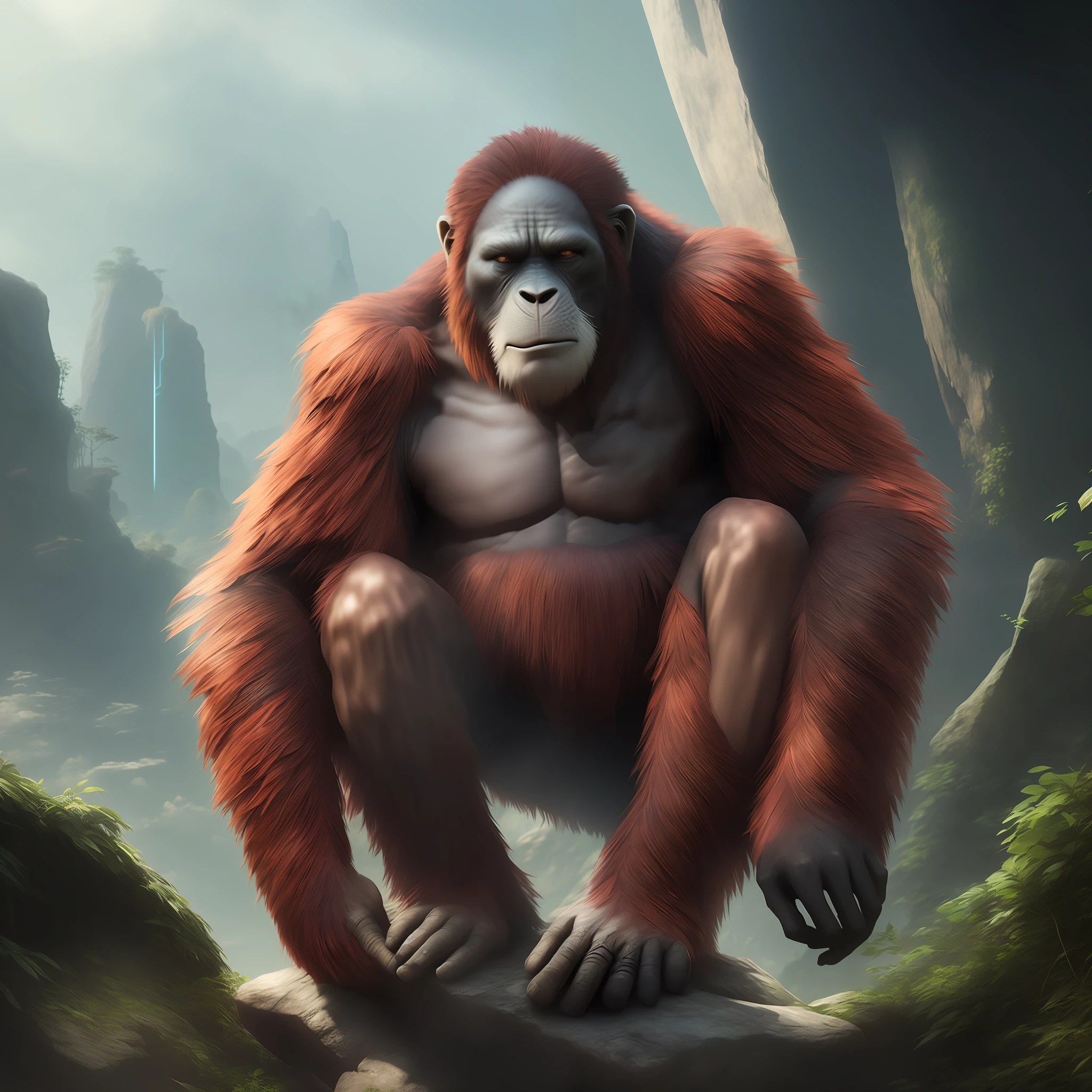 Arapei sits on a rock in the middle of the jungle，The background is a cross, stunning photo real concept art, highly realistic concept art, ultra realistic concept art, hyperrealistic concept art, wojtek fus, inspired by Alex Petruk APe, Arte conceptual fotorrealista, inspired by Rudy Siswanto, hyperrealistic concept art, Beautiful digital artwork, realistic concept art