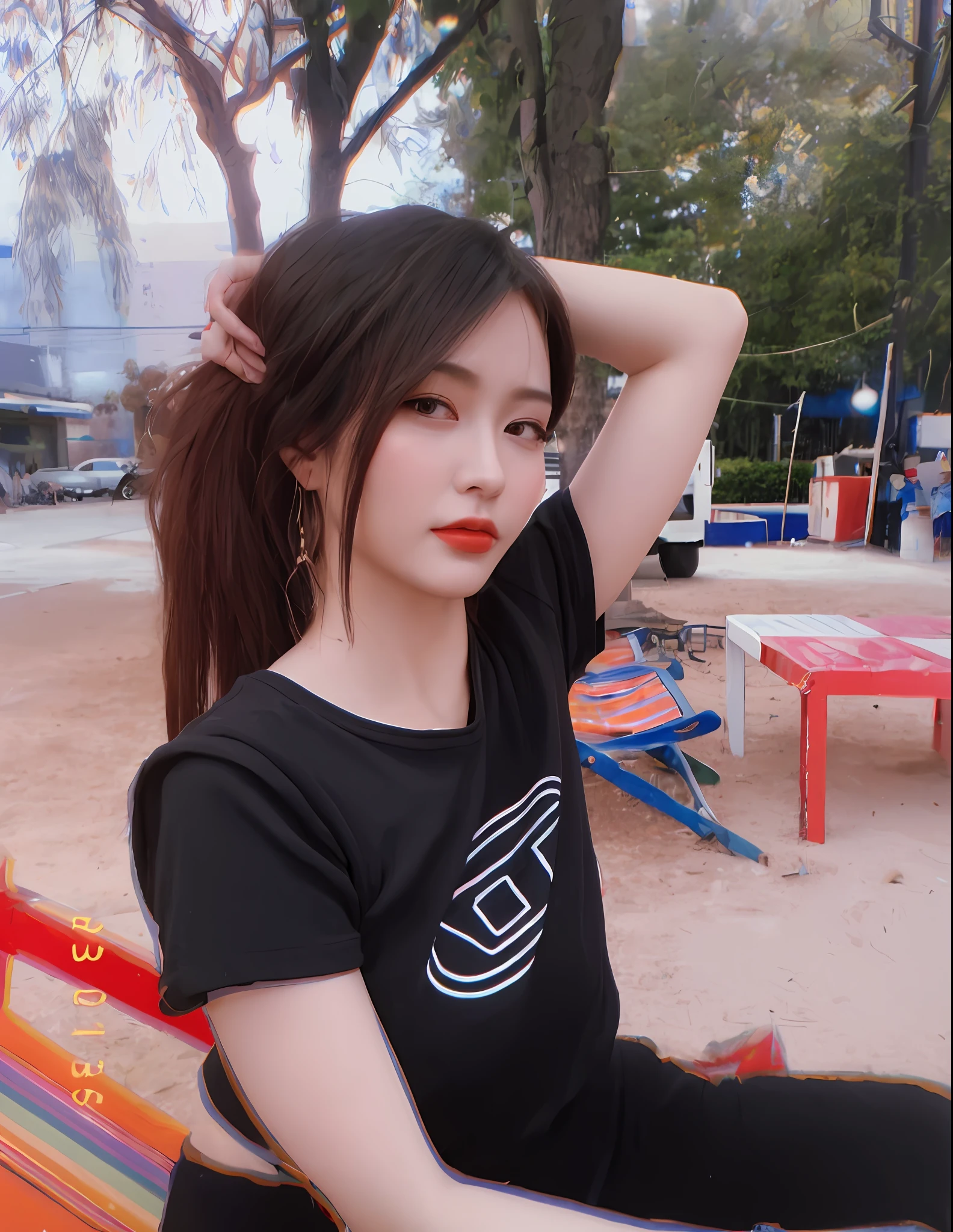 (Best quality, High resolution, Masterpiece :1.3), A tall and pretty woman, Slender abs, Dark brown hair styled in loose waves, Breasts, Wearing pendant, White button up shirt, Belt, Black skirt, (Modern architecture in background), Details exquisitely rendered in the face and skin texture, Detailed eyes, Double eyelid